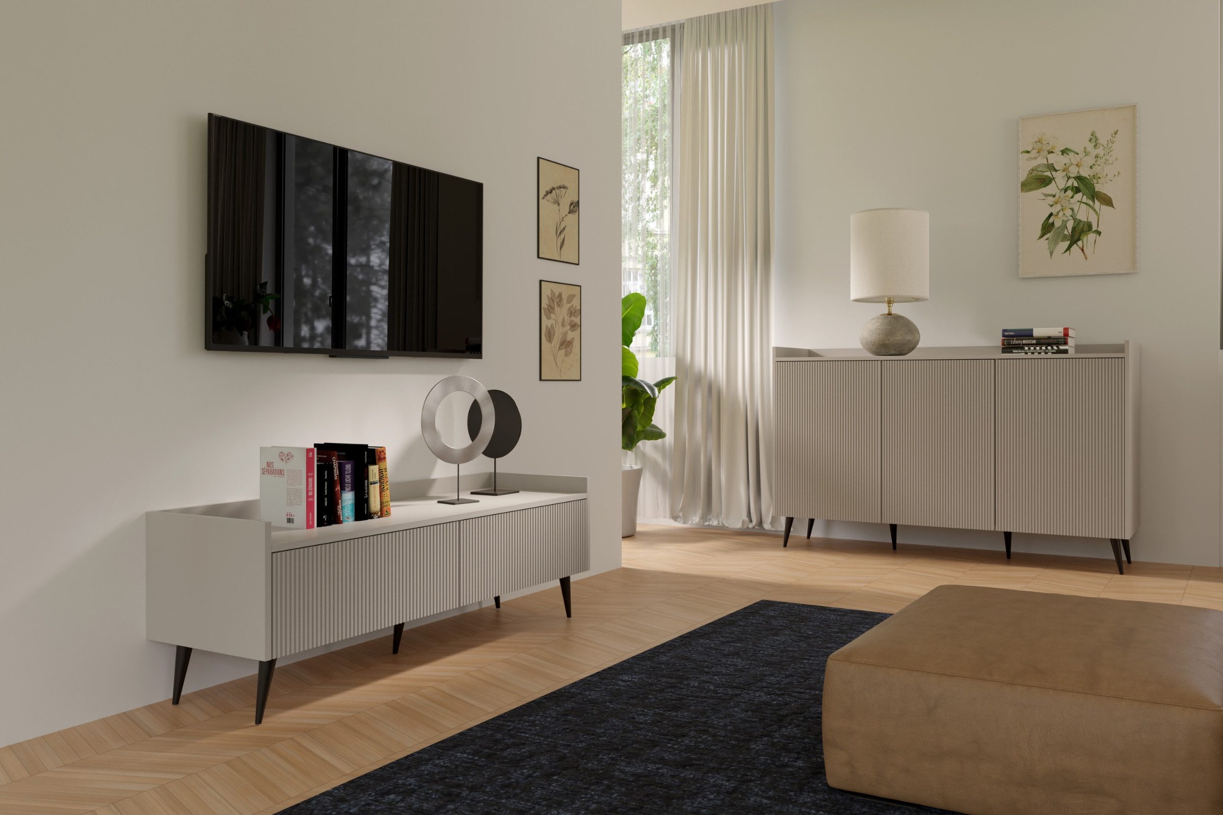 Deine Möbel 24 TV-Board DALIA 06 TV-Lowboard TV-Schrank 150 cm breit (DALIA-Kollektion, 1 St., ideal für Wohnzimmer), 3 Klappen, geriffelte Fronten