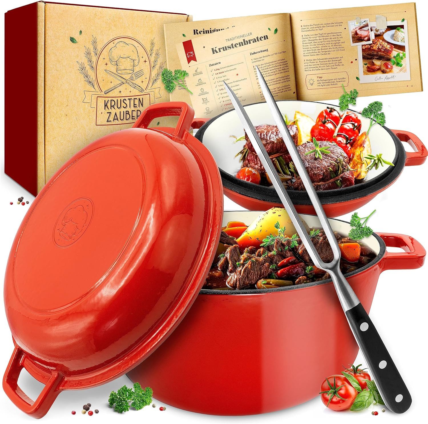 Krustenzauber Schmortopf Gusseisen Topf [inkl. Fleischgabel] -, (Robuster 26cm Gusseisen Кастрюли жаровни mit Deckel Backofengeeignet, Ideal als Schmortopf Induktion, Dutch Oven Set, Kazan, Cast Iron Pot)