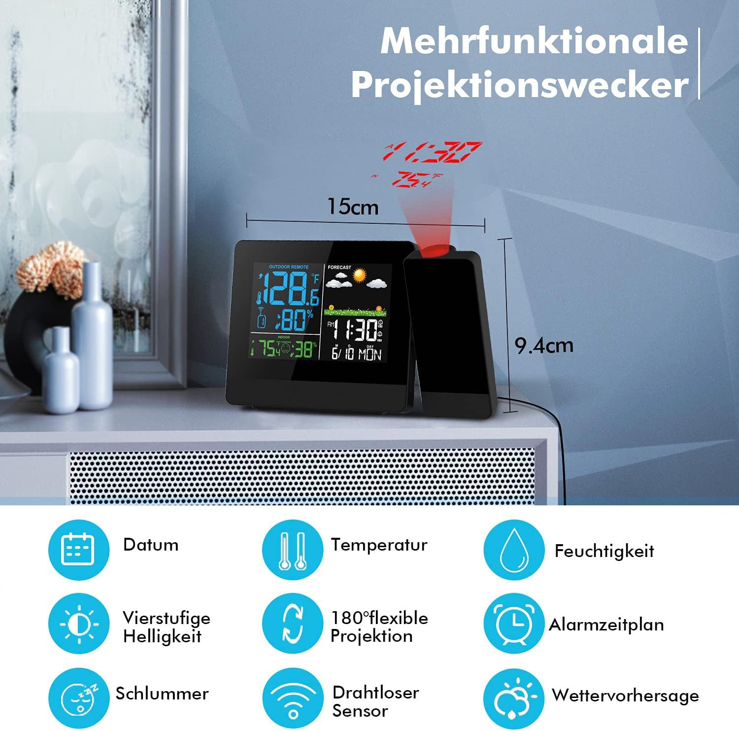 Forrlite, Wetterstation Funk mit Außensensor Wetterstation (mit Wettervorhersage, Innen und Außen Temperatur / Luftfeuchte, Farbdisplay, Dualwecker mit Schlummerfunktion, geeignet für Zuhause, Büro und Garten)