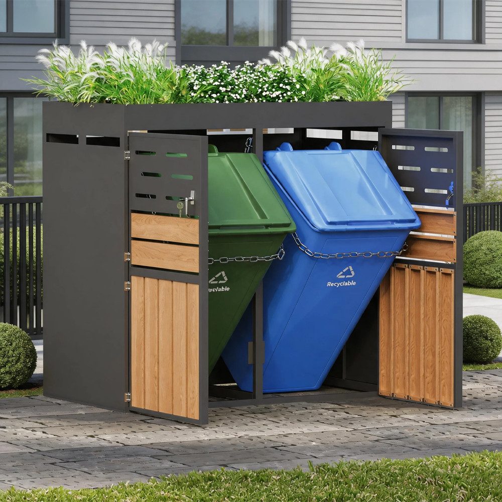 OKWISH Geräteschrank Geräteschrank aus verzinktem Stahl mit integriertem Pflanzkasten (Lamellenbelüftung und abschließbaren Türen inkl. Sicherungskette(ohne Abfalleimer), 2-St., Gartenschrank)