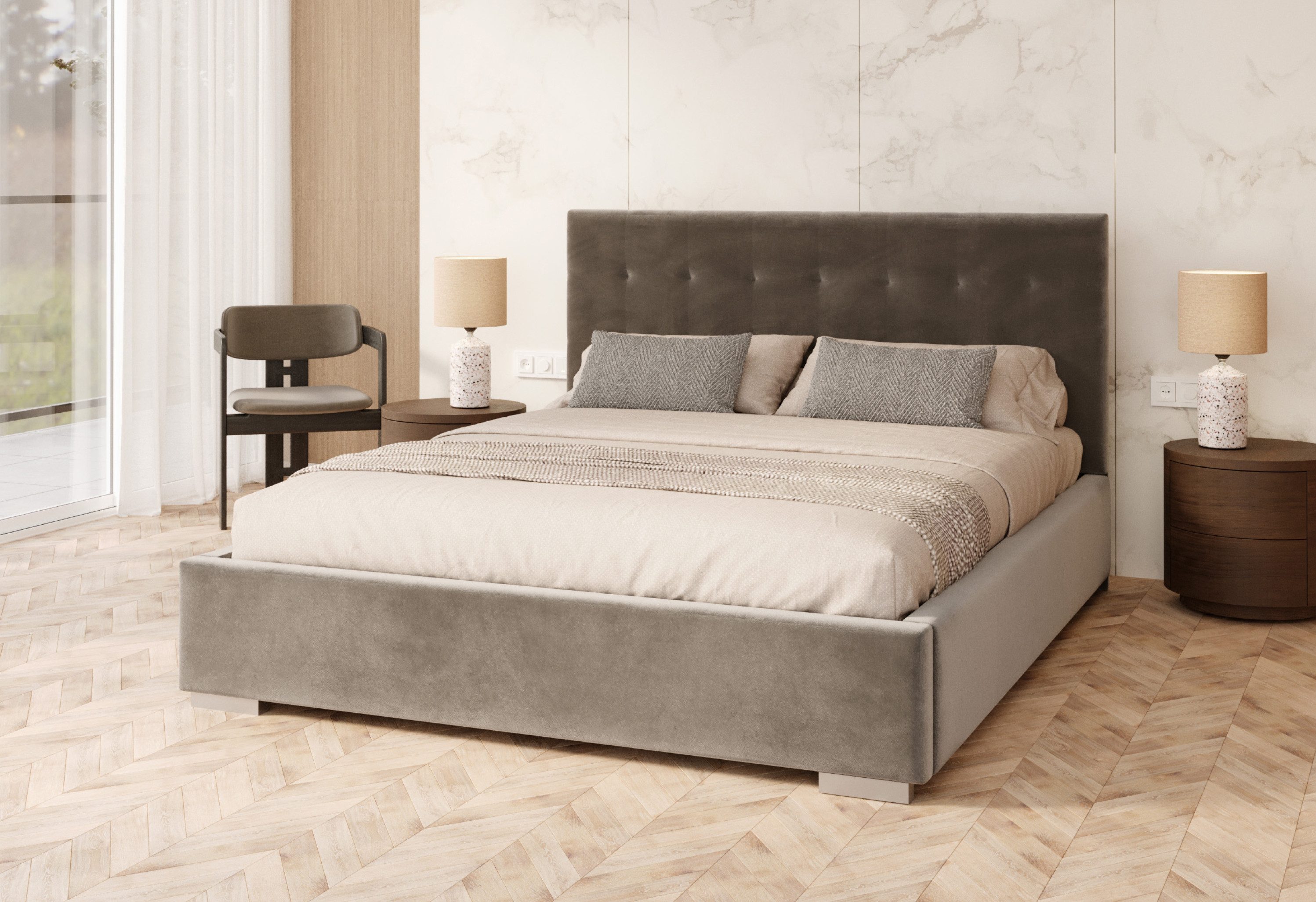 FDM Polsterbett GRACE modern mit Bettkasten MADE IN EU - mit hochwertigem Paris Bezug (verfügbar 90x200 120x200 140x200 160x200 180x200cm, Bettrahmen, Bett, mit großen gepolsterten Kopfteil, mit Bettkasten zum aufklappen), Hebbarer Metallrahmen, Bettkasten, Matratze wählbar