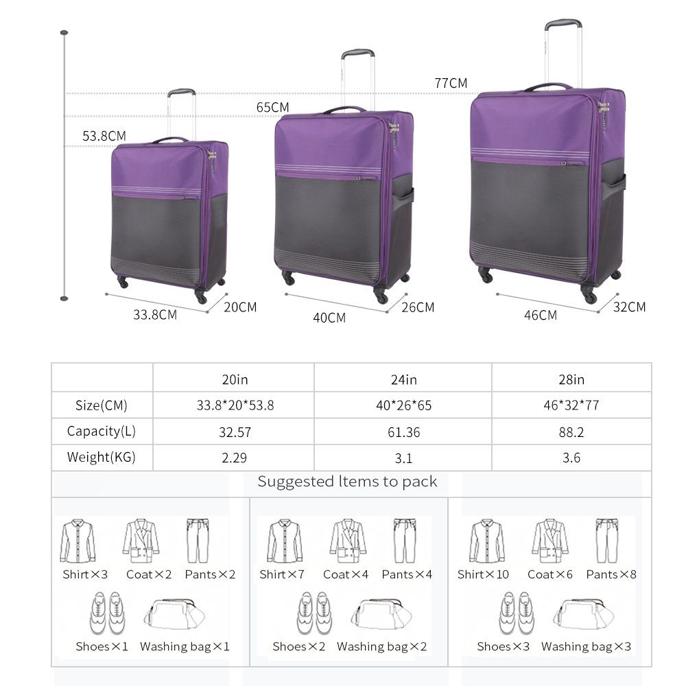 erweiterbarer 20-24-28-Zoll-Koffer NEWCOM 3-teiliger Gepäckset NEWCOM Lila Handgepäckkoffer