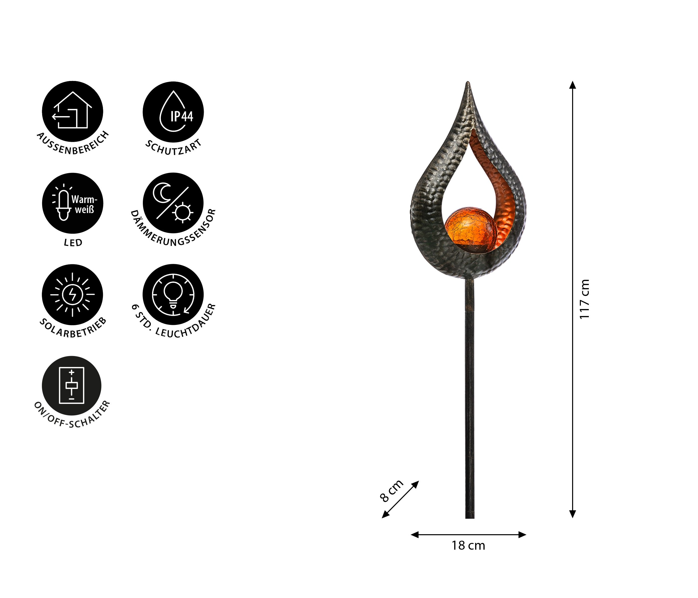 Dehner LED Solarleuchte Solarstab Hammerschlag, warmweiß, 117 x 18 x 8 cm, Warmweiß