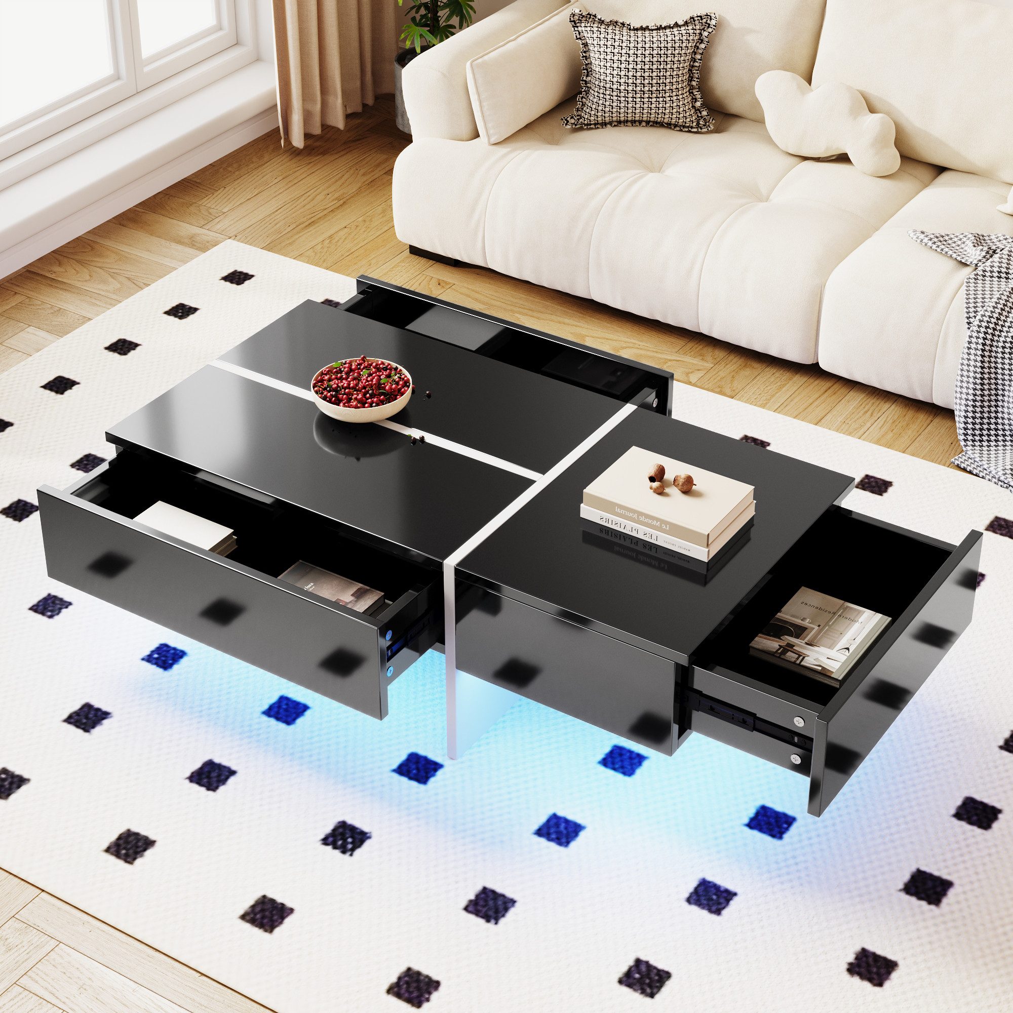 Furnishings Home Couchtisch Beistelltisch LED Ablagetisch Breite 100 cm (Hochglänzender quadratischer, 100x50x34.5 cm), Mit 2 Schubladen und 16-farbigen variablen LED-Leuchten