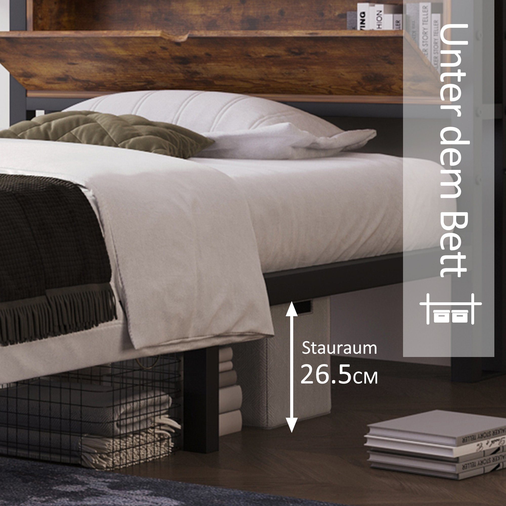 Metallbett (Jugendbett), Einzelbett 90 x 200 cm mit Stauraum-Kopfteil, Lattenrost aus Metall