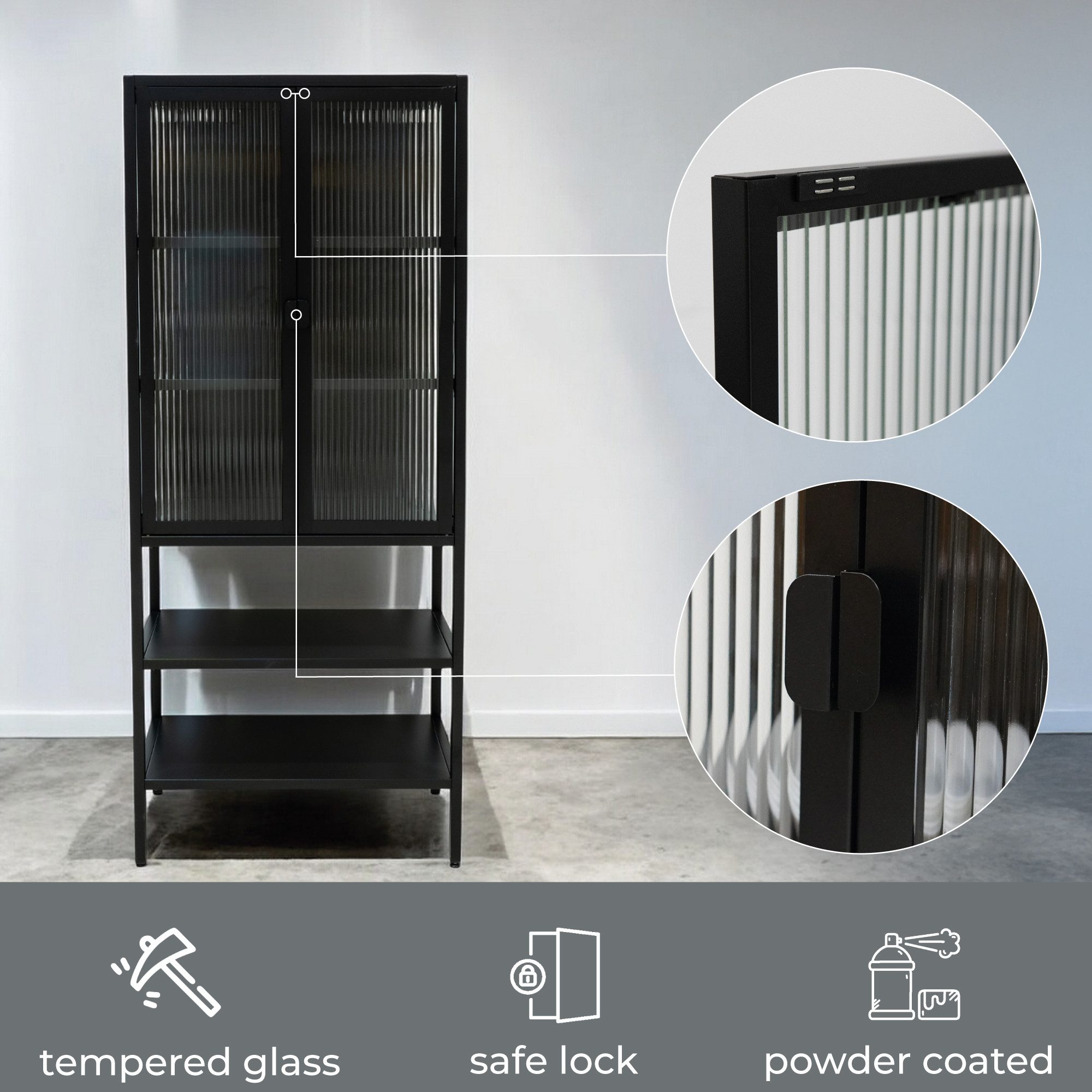 osoltus Sideboard osoltus Vitrine Schrank Riffelglas Stahl cube Schwarz Industrial 146 – Bild 5 von 5