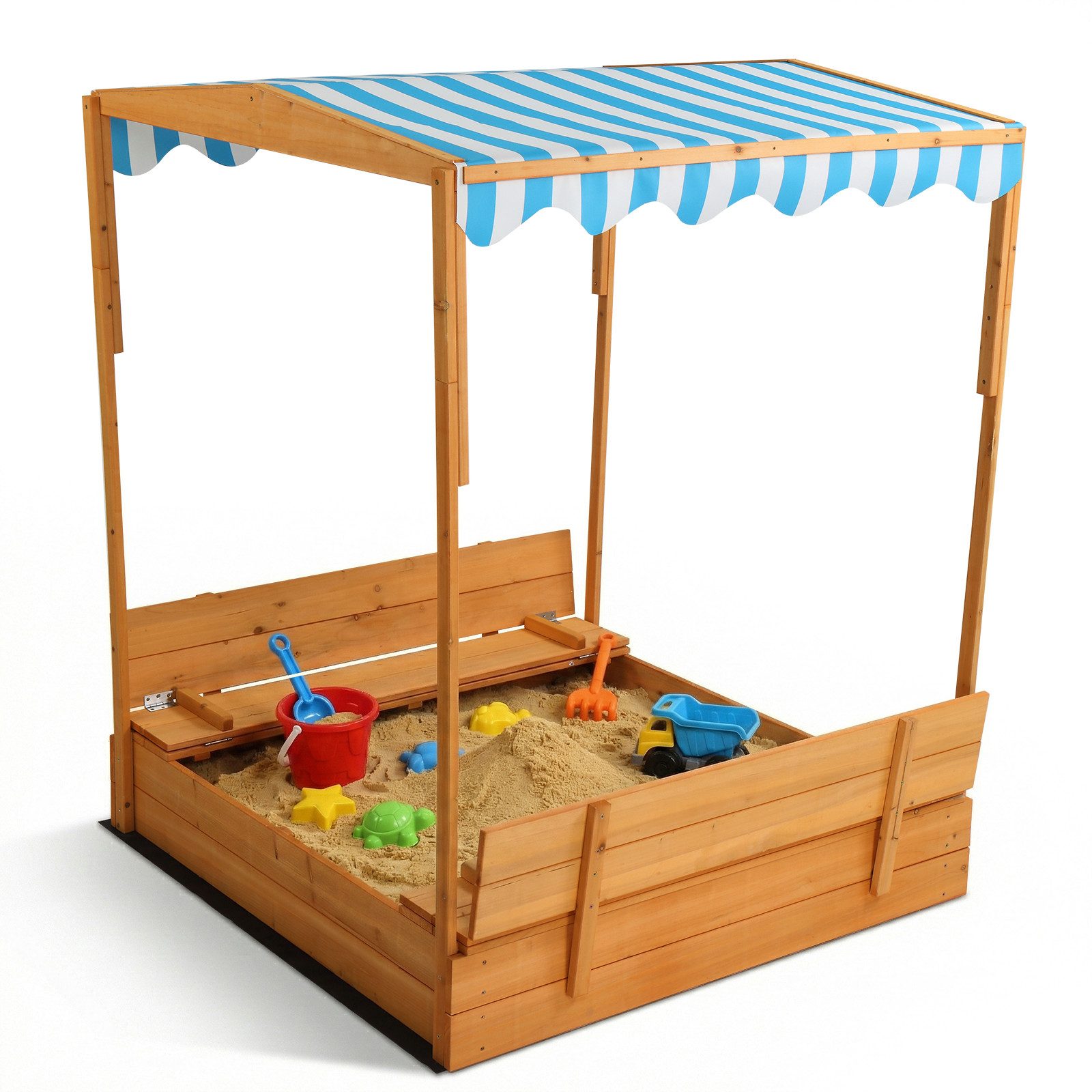 LALAHO Sandkasten mit Dach & Sitzbänken – Holzspielsandkasten für Kinder im Garten, 118x118x145cm,Kindersandkasten, Sandkasten Garten,Holz massiv