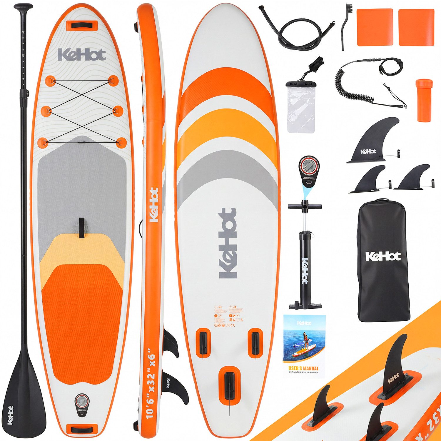 kehot Inflatable SUP-Board Aufblasbares SUP Board Set 322×80×15,5 cm Stand Up Paddle, Komplett Set mit Pumpe, Paddel und Rucksack für Anfänger, (Stabiles Surfboard mit abnehmbarer Finne und Anti-Rutsch Deck), für Wassersport und Paddling, bis 200 kg belastbar