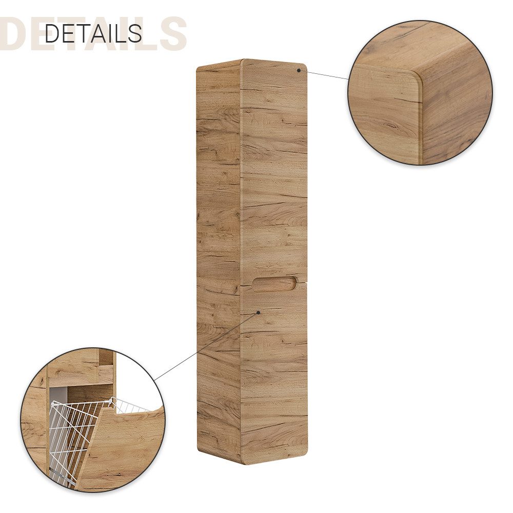 Lomadox Hochschrank LUTON-56-CRAFT Badezimmer mit Wäschekorb Wotan Eiche Nb., B/H/T ca. 35/170/35cm
