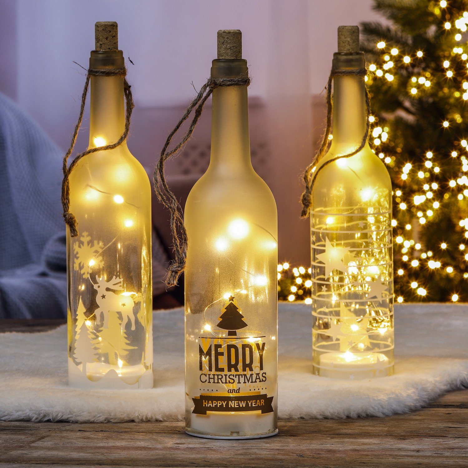 MARELIDA LED Dekolicht LED Glasflasche mit Band Weihnachtsmotiv 10 LED H:30cm Batterie Innen, LED Classic, warmweiß (2100K bis 3000K)