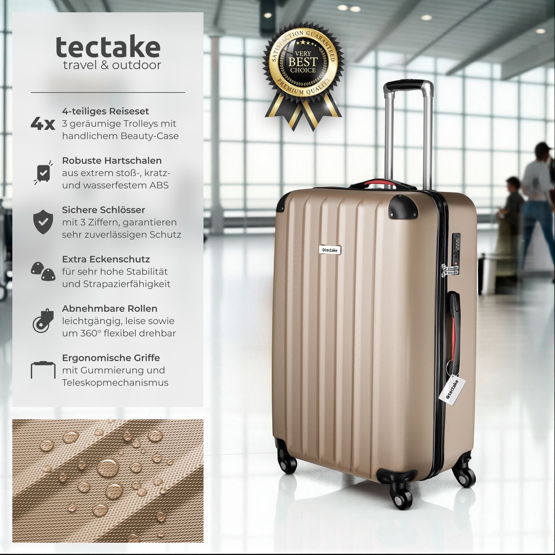 tectake Trolley Hartschalenkoffer-Set 9-teilig mit Kofferwaage und TSA-Zahlenschloss, 4 Rollen, mit Teleskopgriff, 360° drehbare, abnehmbare Rollen, abteilbar