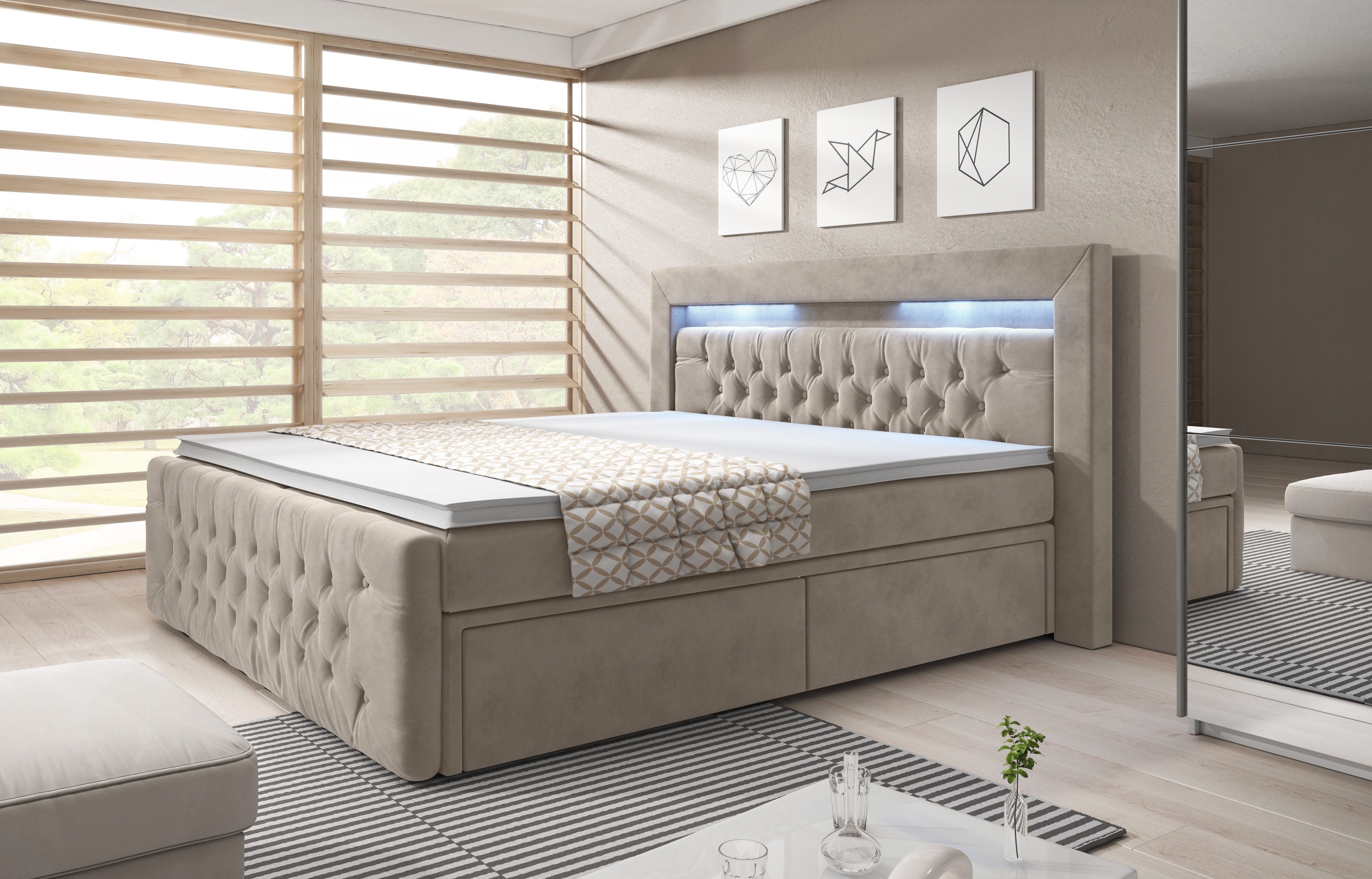 PROMETO Möbel Boxspringbett ARONA - Matratze, 2 Schubladen und Topper, LED und Chesterfield, mit 2 Schubladen, mit Topper und Matratze
