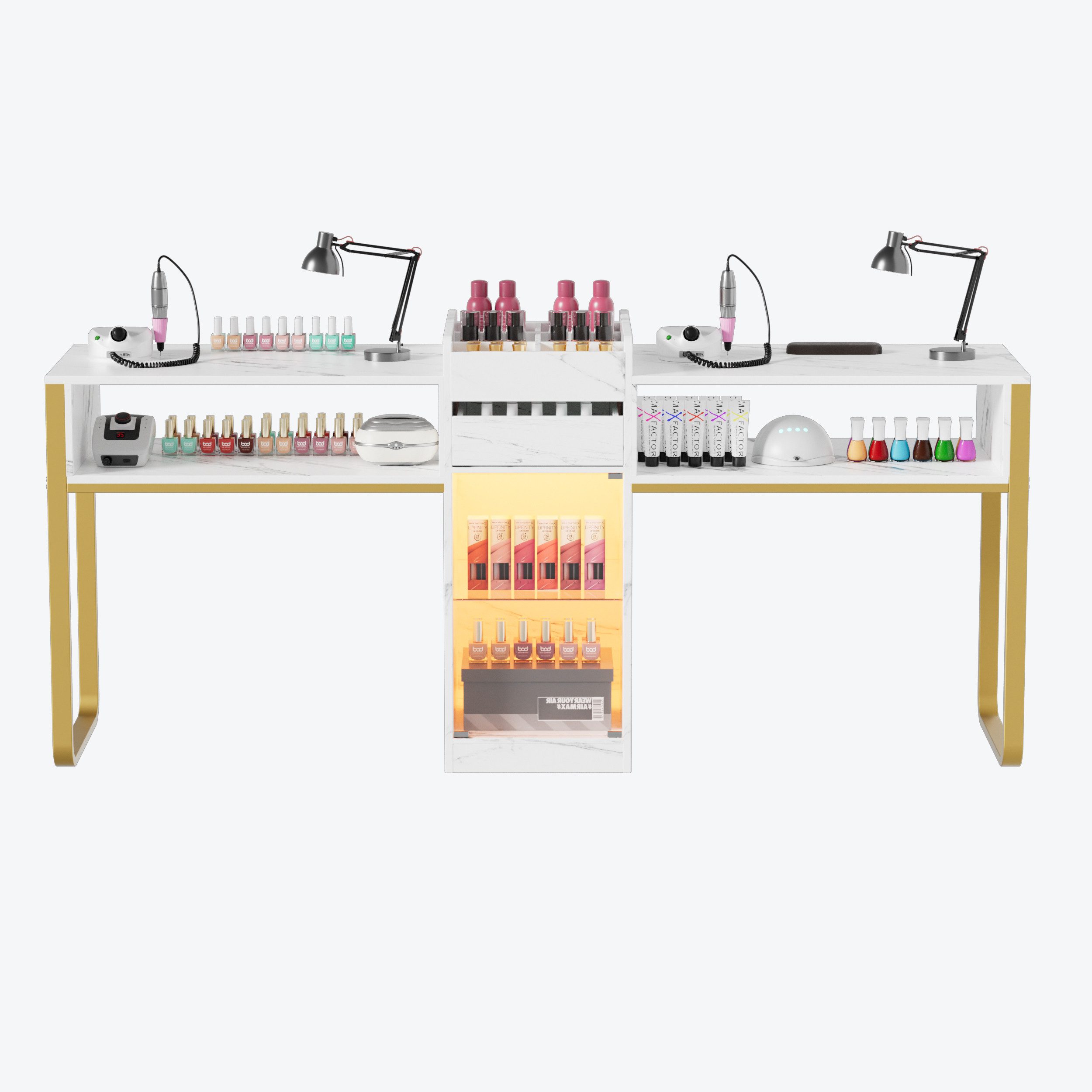 TWSOUL Arbeitstisch Doppel-Nageltisch für Maniküre & Nageldesign,194 × 45 × 81 cm, Profi-Nagelstudio Tisch mit Schublade & LED-Vitrinenschrank