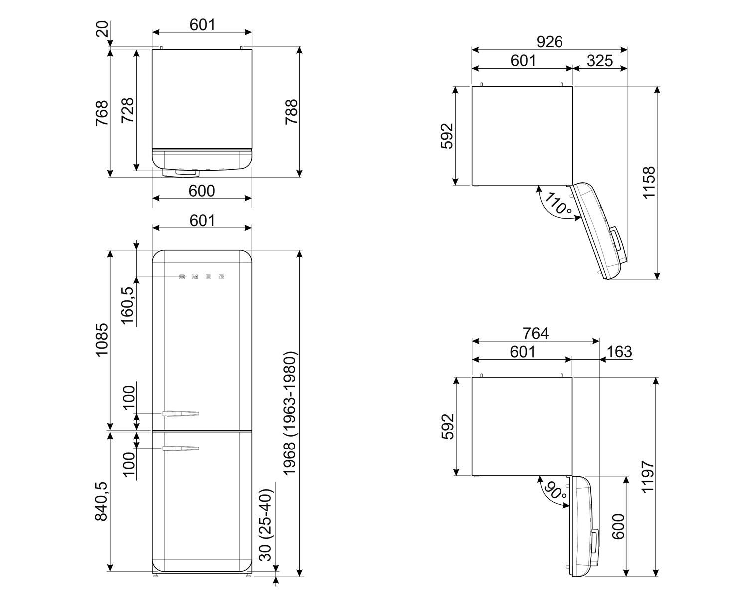 hoch, 60,1 cm cm FAB32RWH5, Smeg 196,8 Kühl-/Gefrierkombination breit FAB32