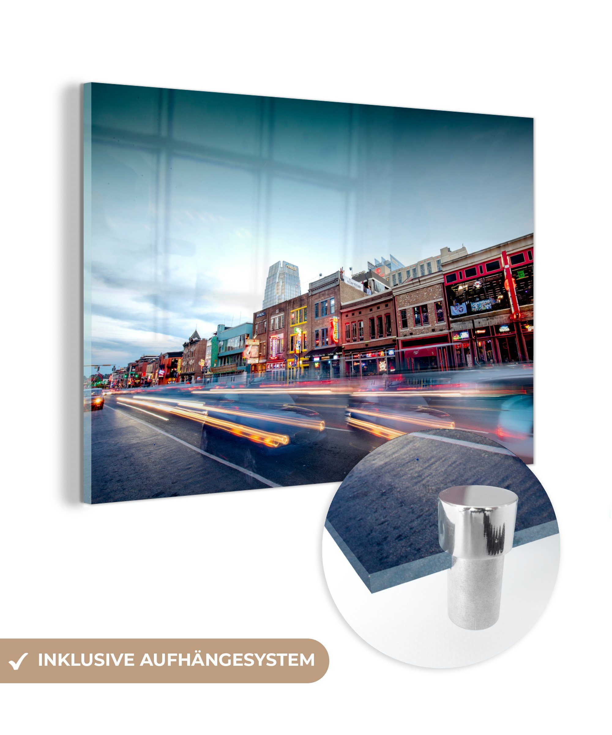 MuchoWow Acrylglasbild Belebte Straße in Nashville, Schlafzimmer Wohnzimmer & (1 St), Acrylglasbilder