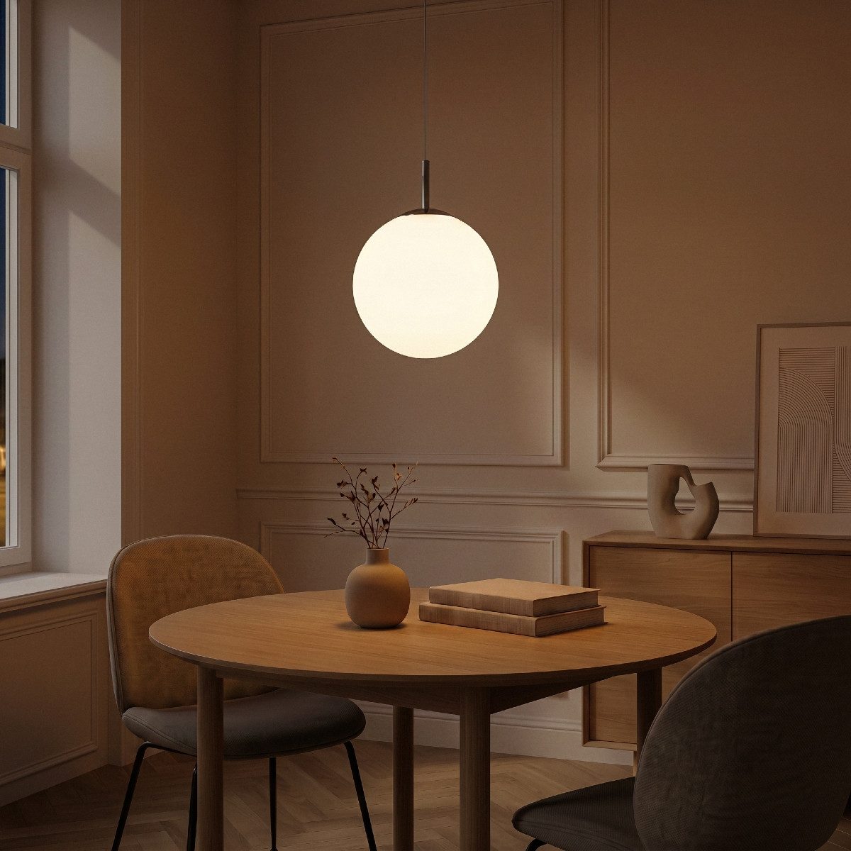 Liadomo Pendelleuchte Kyra, 1-flammige Hängelampe, rund, aus Opalglas, schlicht, modern, ohne Leuchtmittel, E27-Fassung, diffuses Licht, 35 cm Durchmesser, Esszimmerlampe