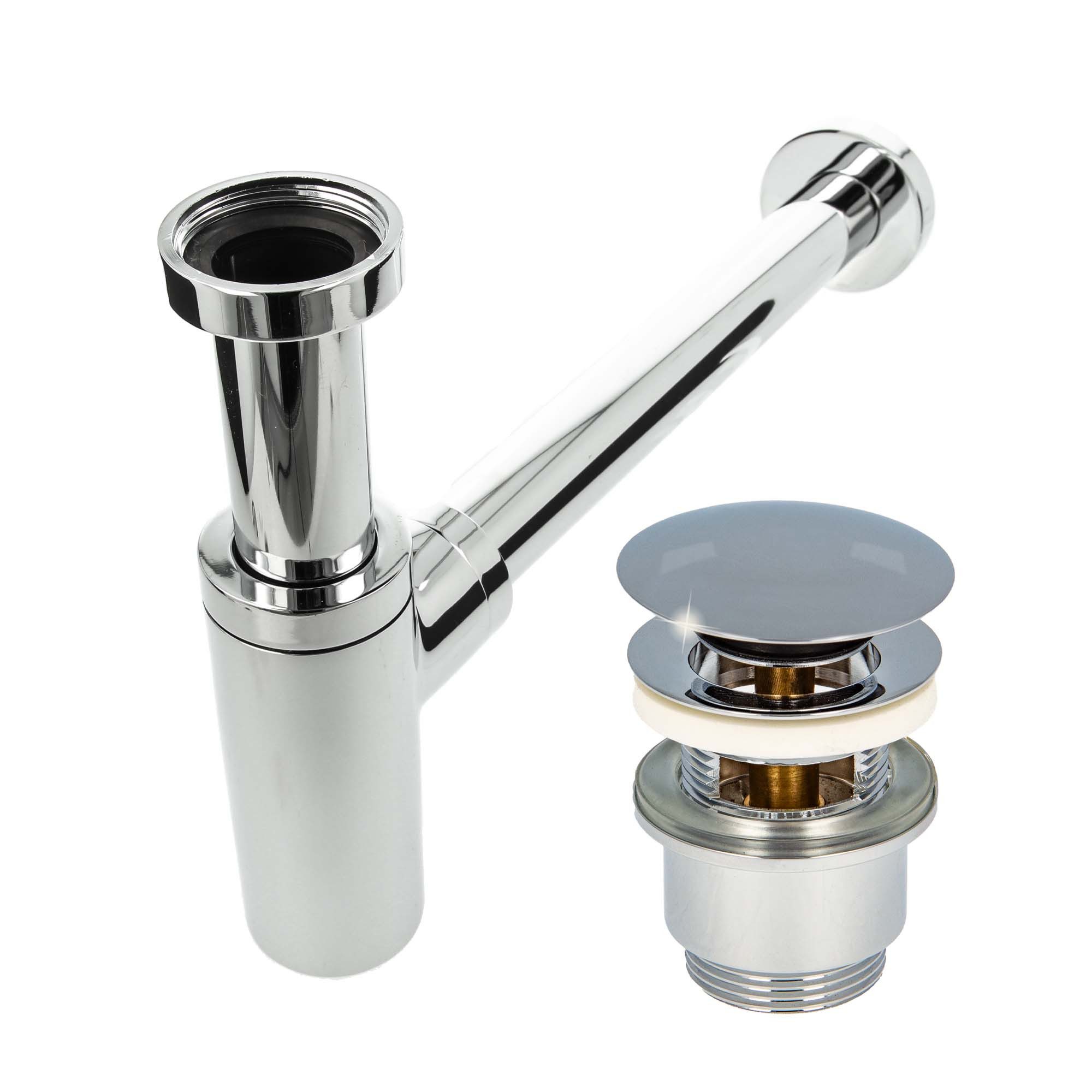 tecuro Siphon Siphon mit Pop Up Ablaufventil verchromt - Set für Waschtisch, (Ablaufventil und Flaschensiphon)