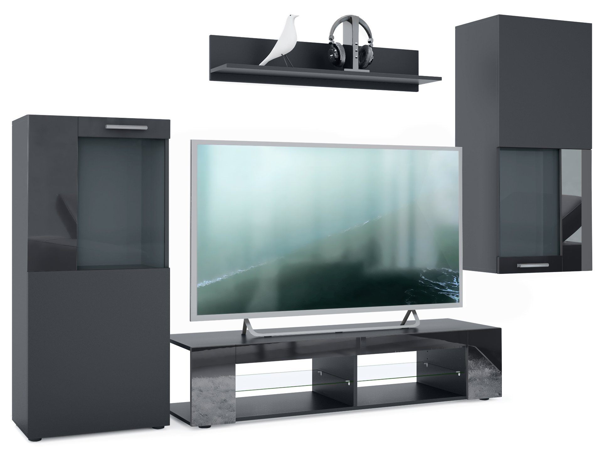 Vladon Wohnwand Movie, (Anbauwand, bestehend aus 1 TV-Board, 2 Vitrinen und 1 Regal), Schwarz matt/Schwarz matt/Schwarz Hochglanz (Gesamt: 300x190x39 cm)
