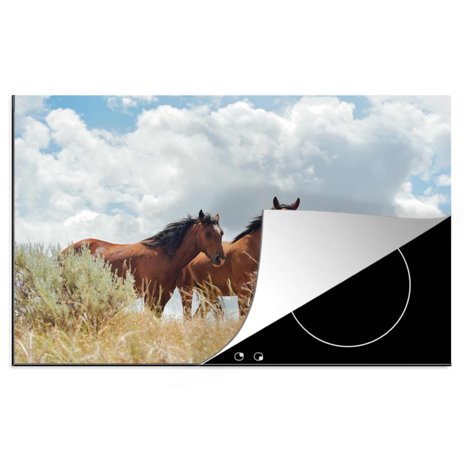 MuchoWow Herdblende-/Abdeckplatte Drei Mustang-Pferde schauen für 81x52 die in Vinyl, Induktionskochfeld (1 Ceranfeldabdeckung cm, küche, Kamera, Schutz die tlg)