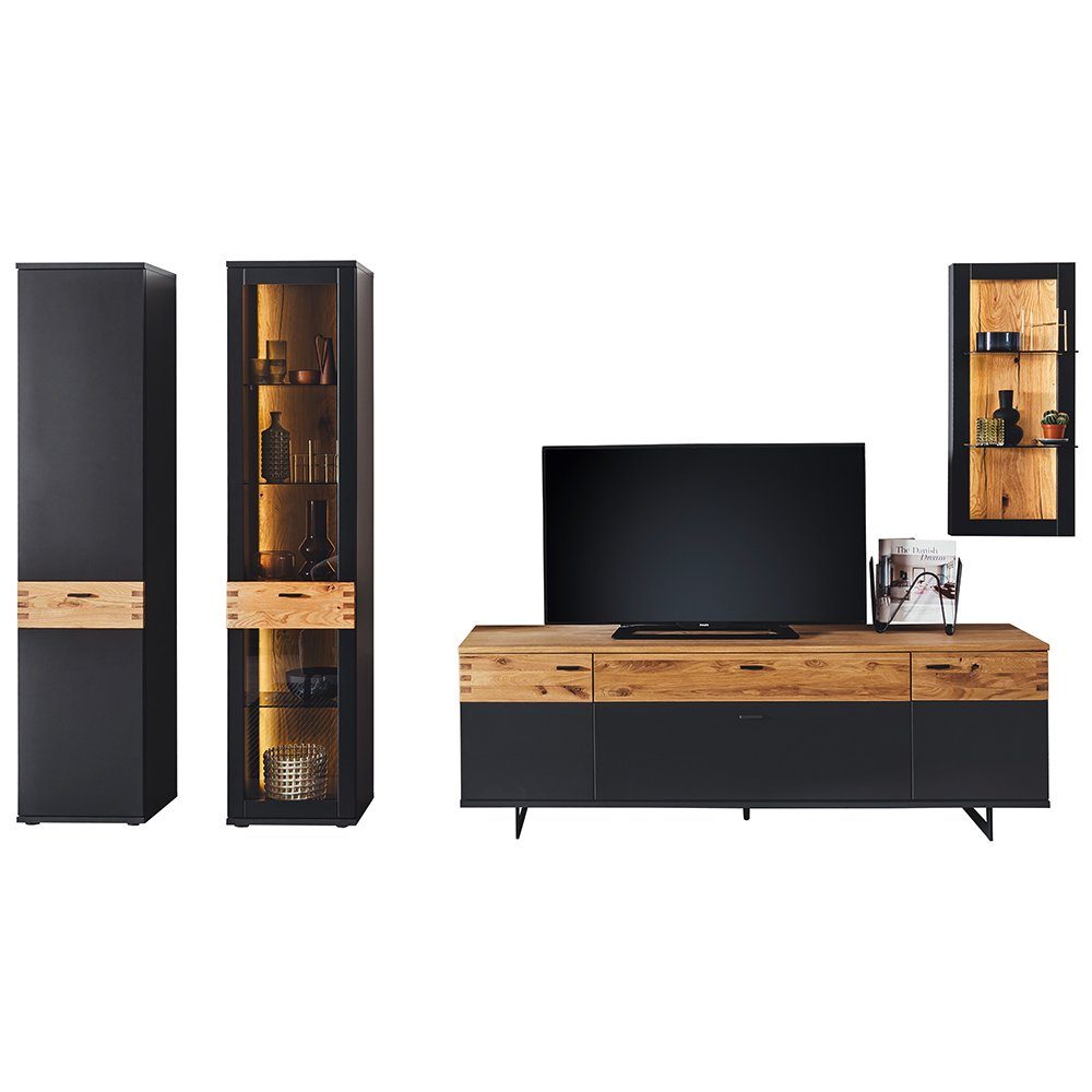 Lomadox Wohnzimmer-Set CHAPLEAU-05, (Mega-Spar-Set, 4-tlg), Schrankwand, Anbauwand, Wildeiche massiv, schwarzgrau | Wohnwände