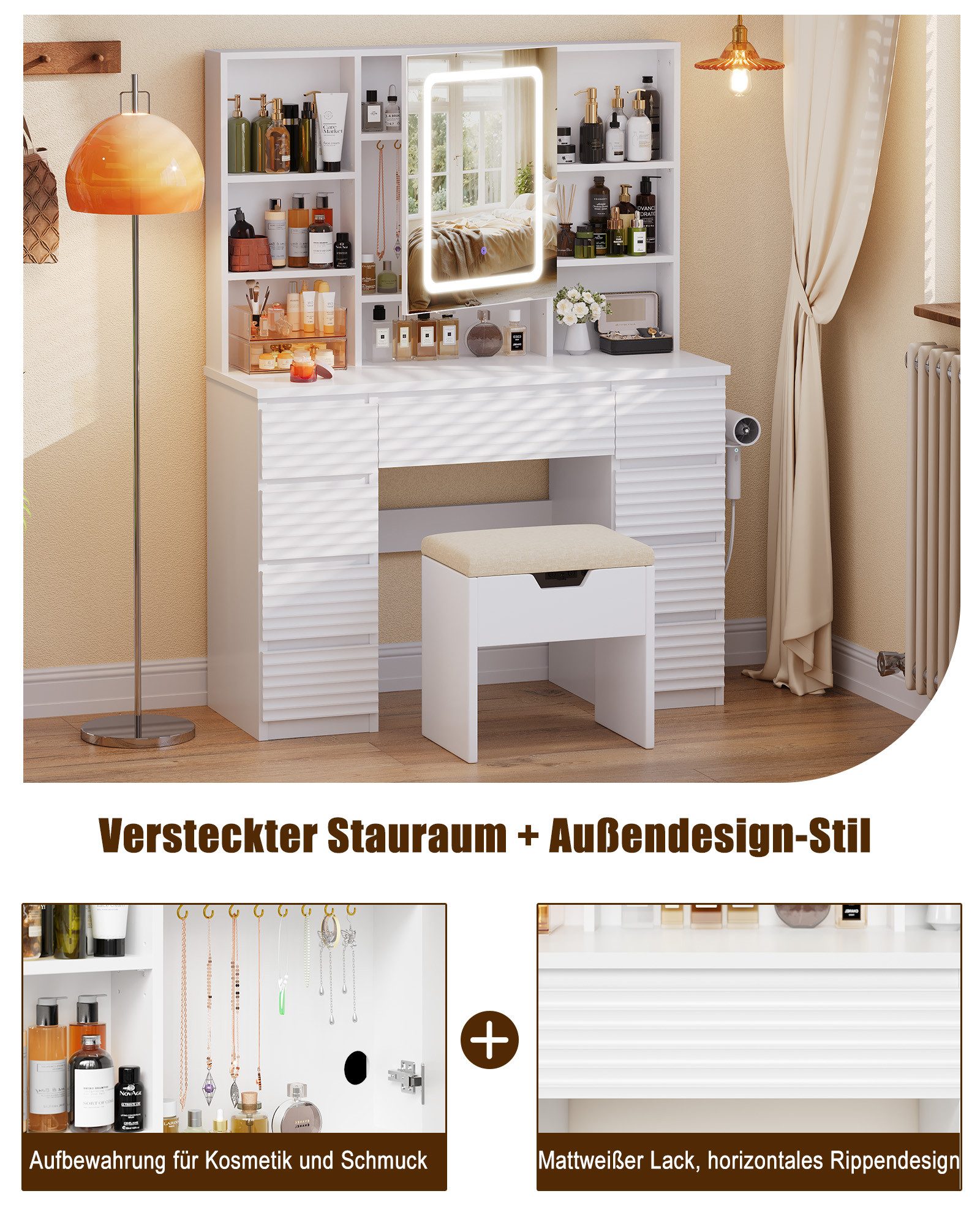 HOMALL Schminktisch LED-Schminkspiegel, schwarz-weißer Schminktisch und Hocker im Set (Kombination aus 9 Schubladen, 7 offenen Fächern und Stauraum hinter dem S – Bild 5 von 5