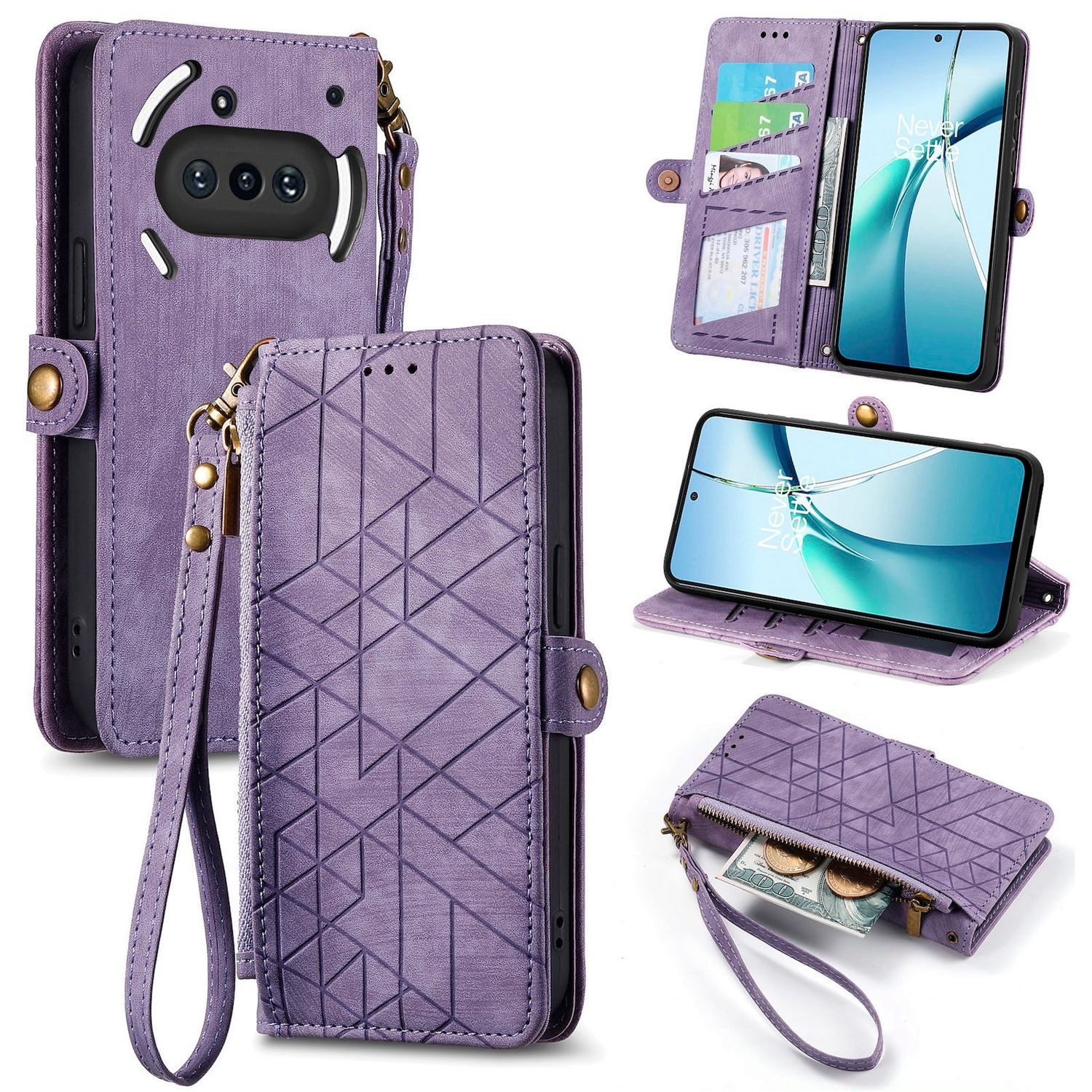 Wigento Handyhülle Für Nothing Phone 3a Kunstleder Design Zipper Book Hülle Tasche Lila, Kartenfächer, Reißverschlussfach, Standfunktion