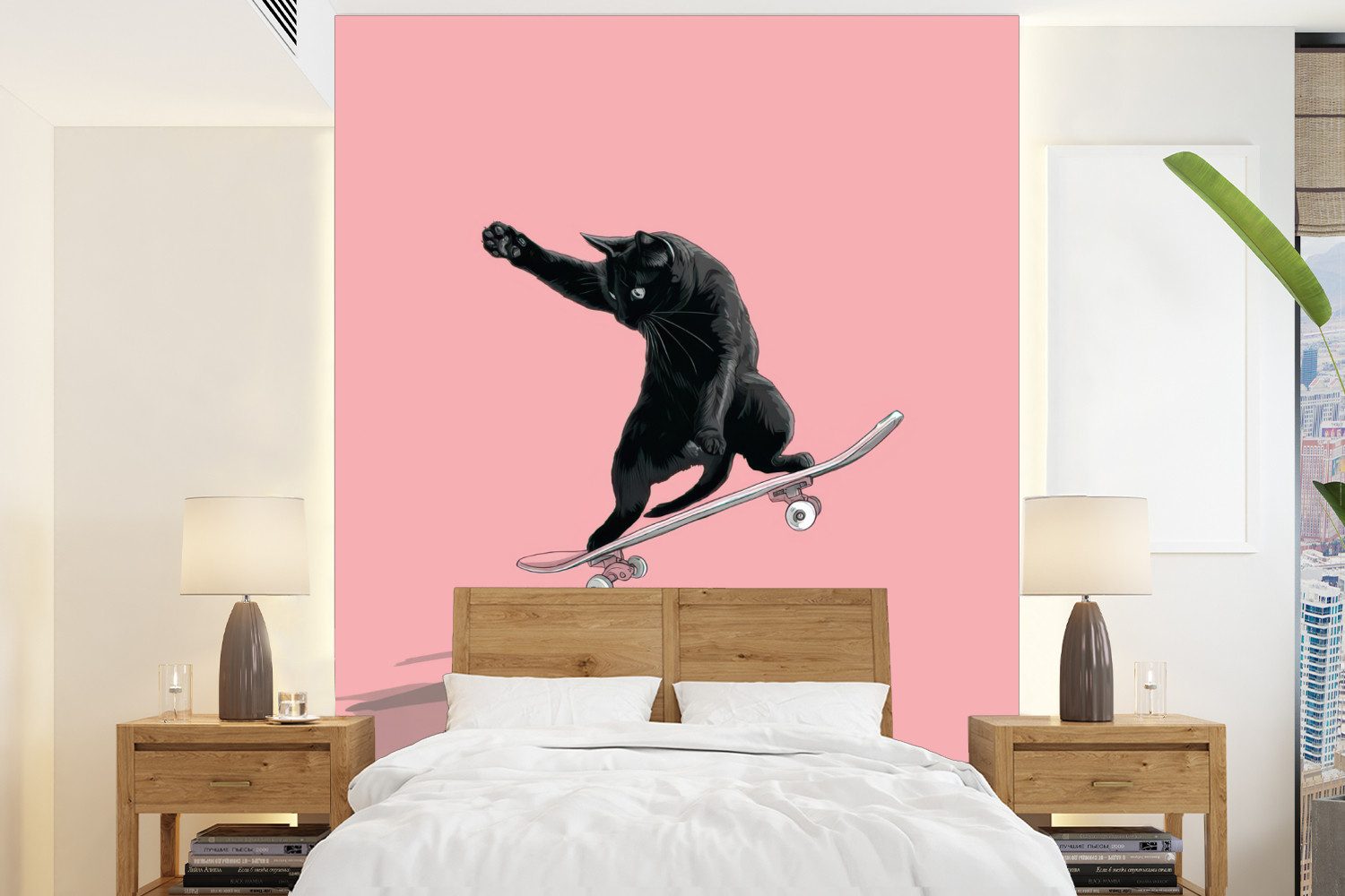 MuchoWow Fototapete Katze - Skateboard - Rosa, Matt, bedruckt, Wallpaper für Wohnzimmer, Schlafzimmer, Vinyl Tapete, 195x260 cm