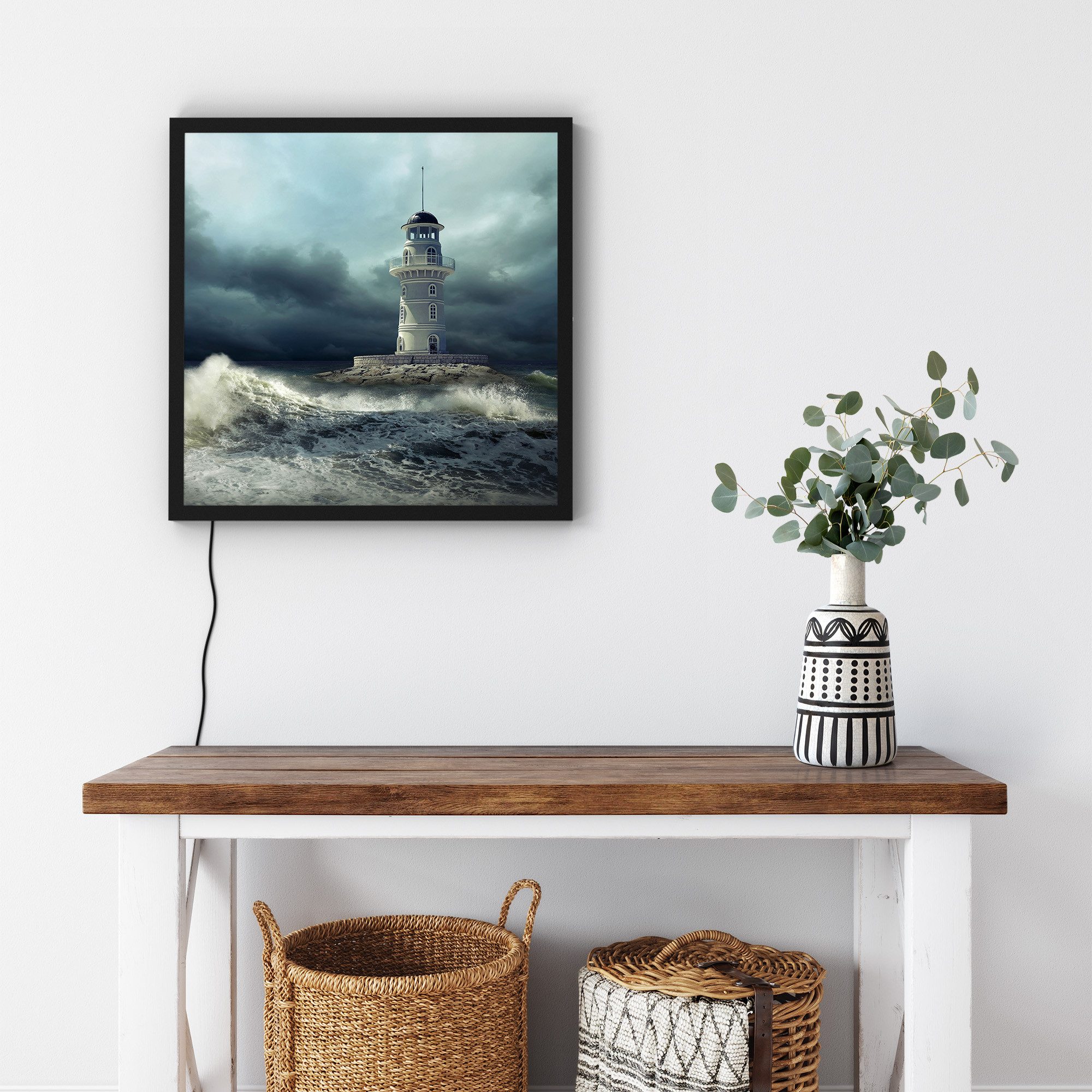 DEQORI LED-Bild 'Leuchtturm im Sturm', (1 St), LED Lampe Leuchte Leuchtbild Bild beleuchtet Deckenleuchte Wandlampe