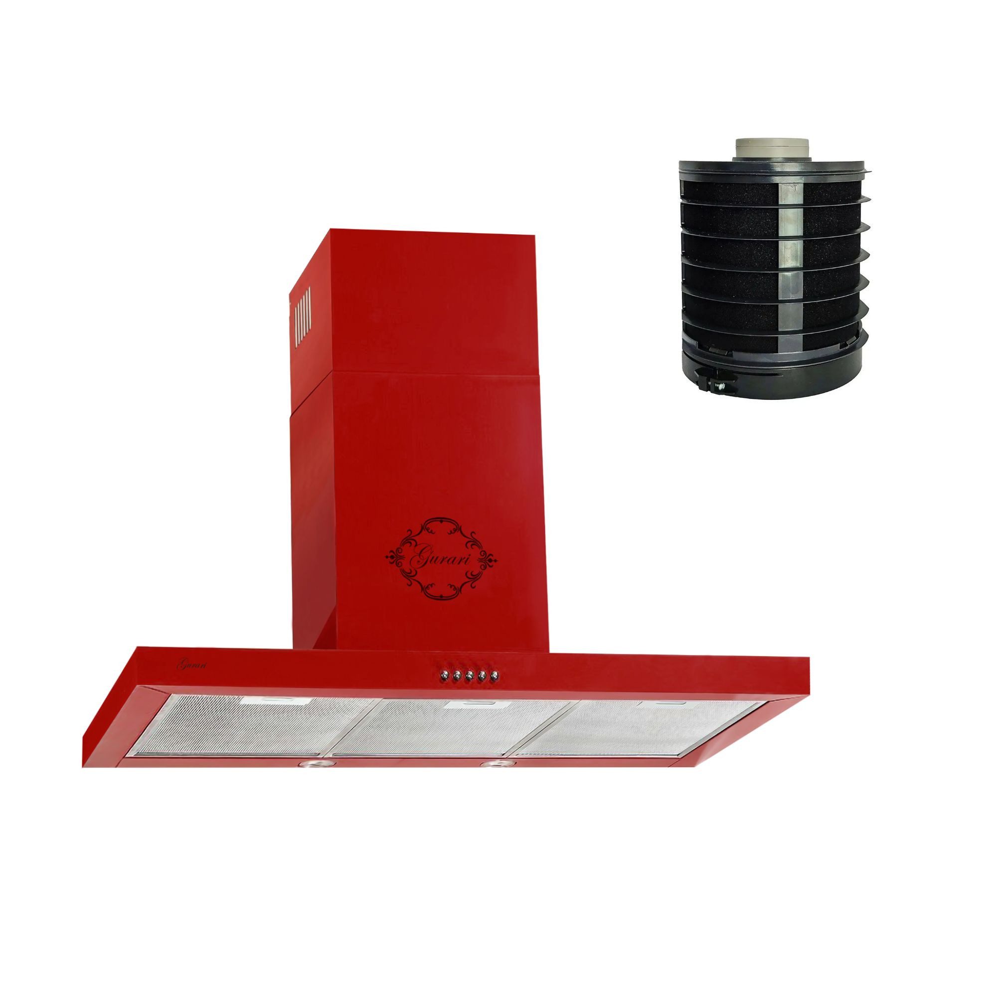 GURARI Wandhaube Wand-Dunstabzugshaube 90cm Rot GCH 461 RD 9 N+GE 77 Umluftfilter