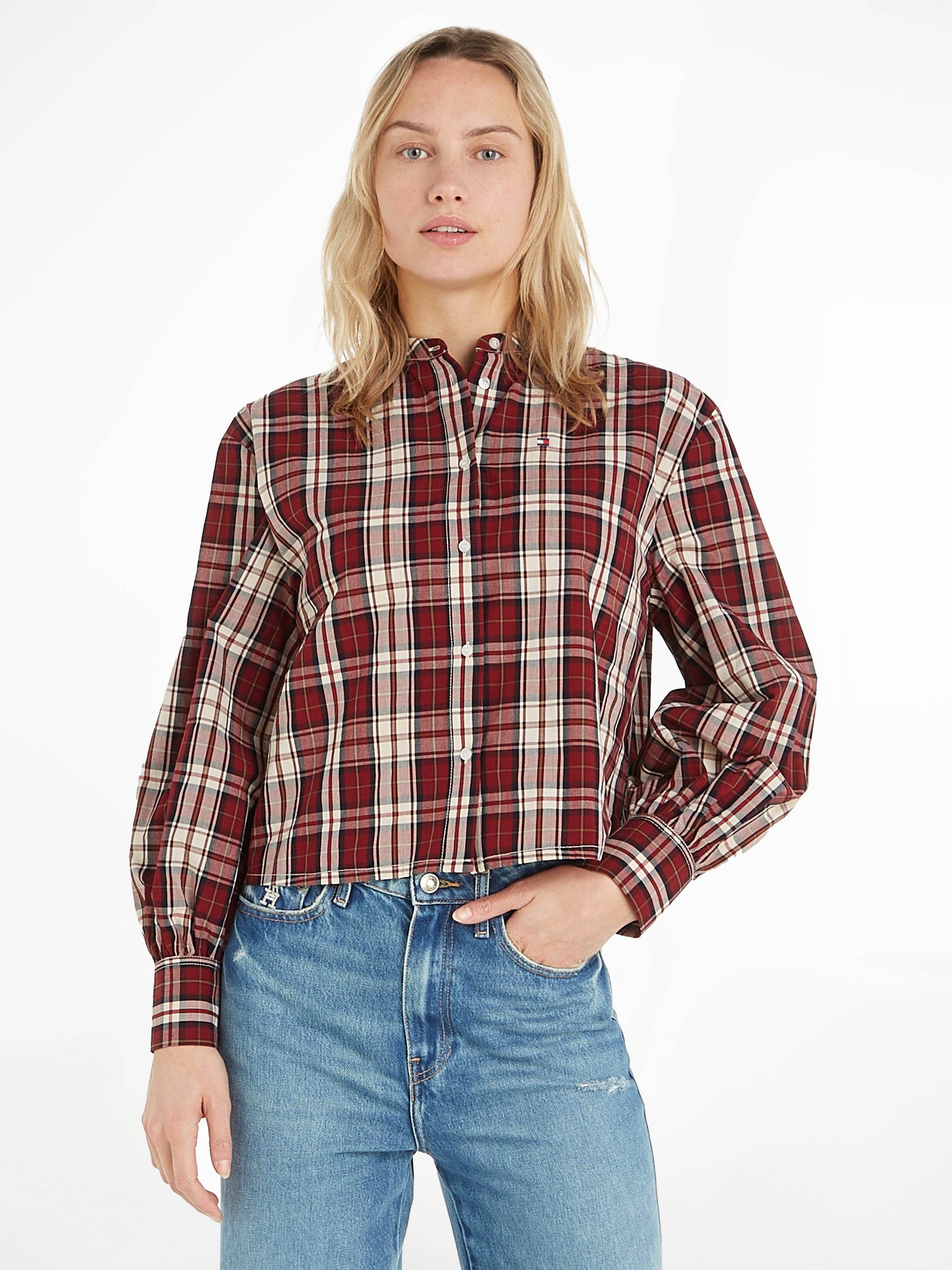 Tommy Hilfiger Langarmbluse TARTAN CO COLLARLESS SHIRT mit Metalllabel