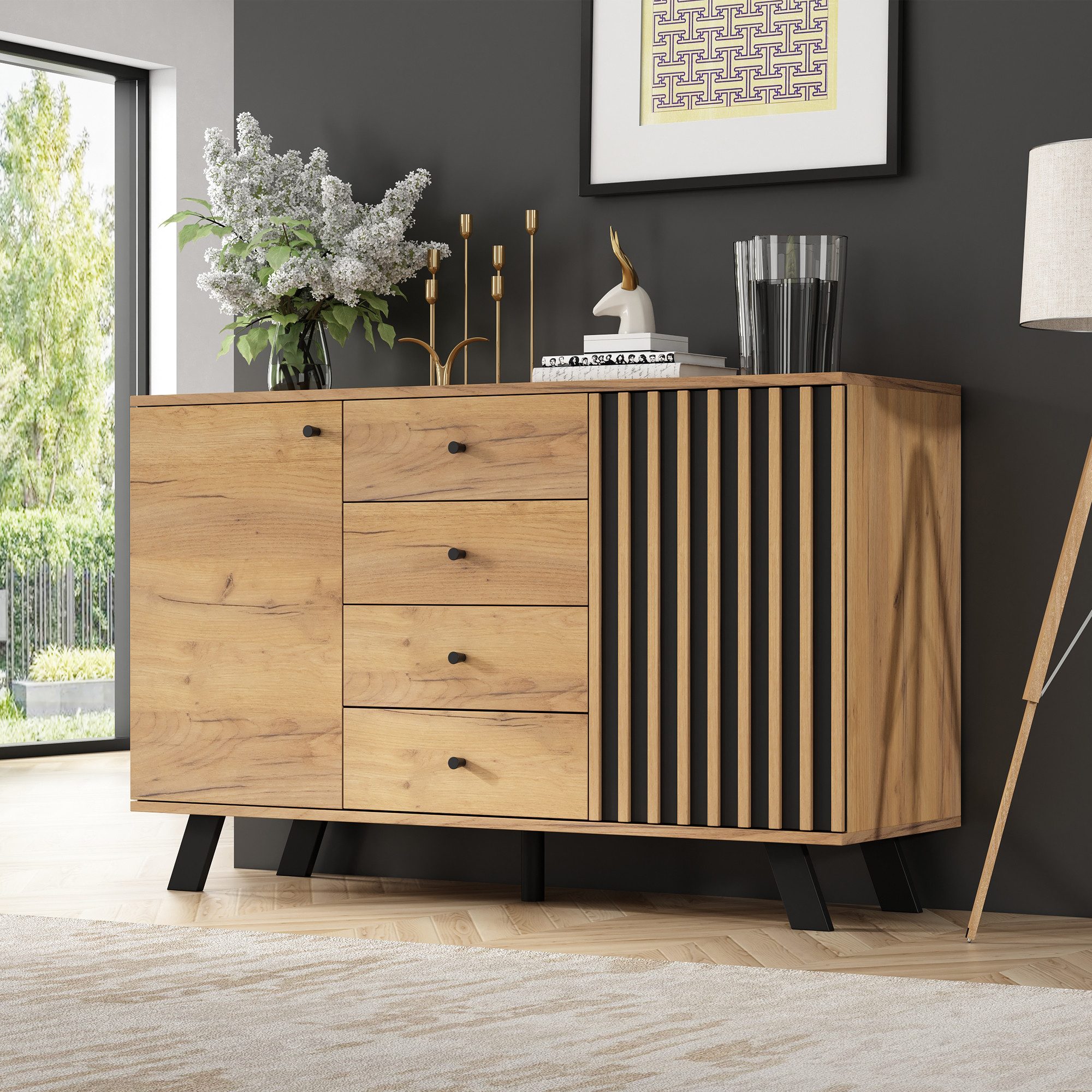 Merax Sideboard Sideboard mit Massivholzbeinen und Holzoptik (Buffetschrank, 1 St., 120*38*75 cm), Kommode mit 4 Schubladen & 2 Schränken, Anrichte mit hohlem D – Bild 4 von 5
