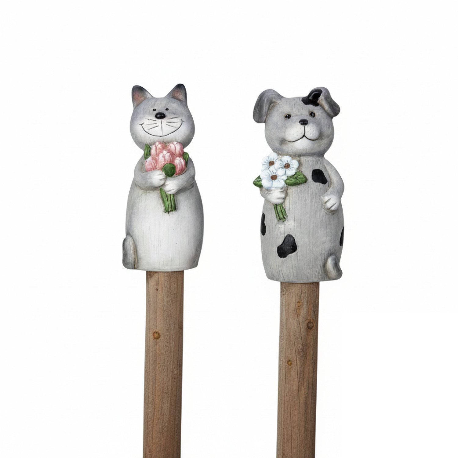 Macosa Home Dekofigur Pfostenhocker 2er Set Keramik Grau Zauntiere (Gartendekoration modern, 2 St., Zaunfiguren für Pfosten und Geländer), Hund Katze 23 cm Garten Deko