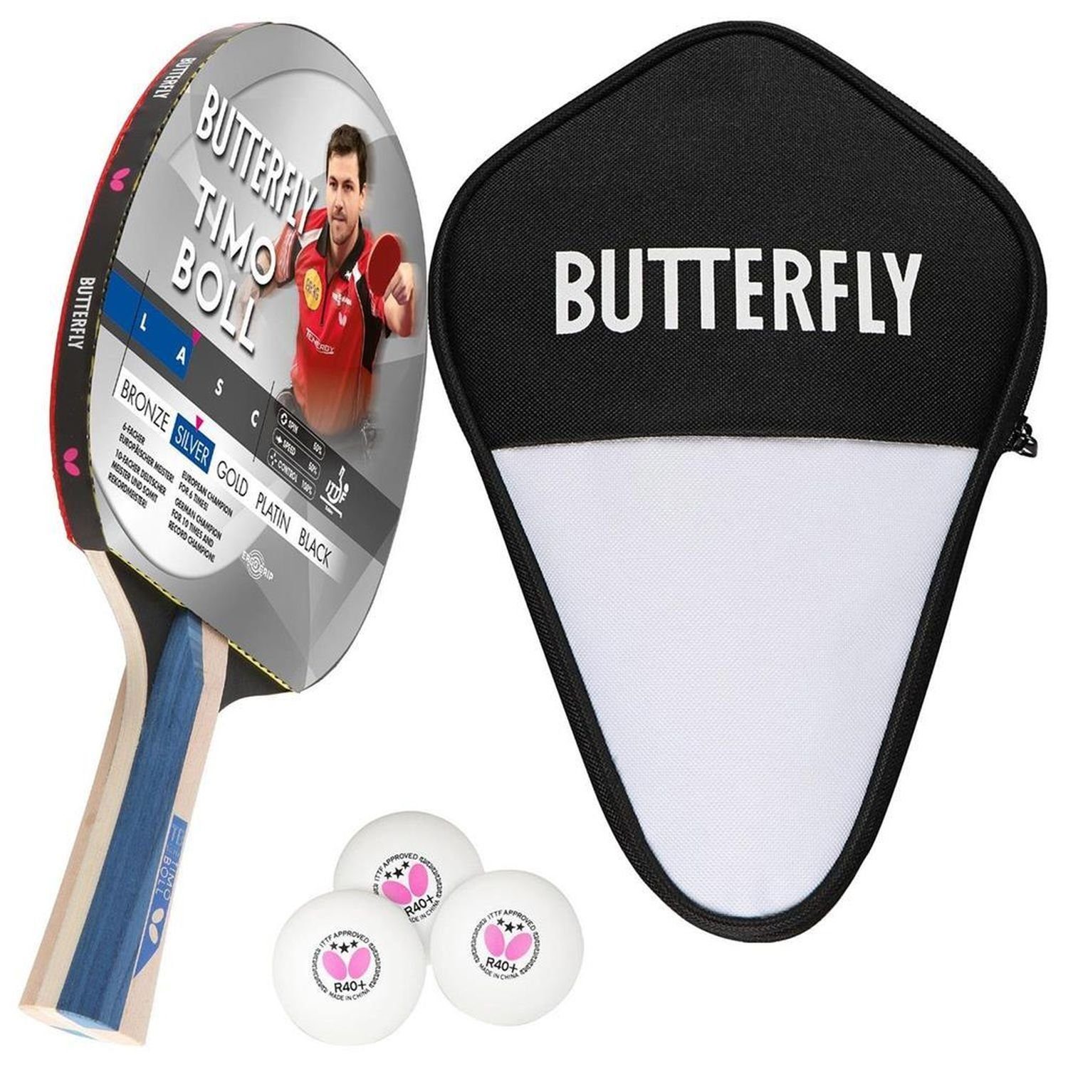 Tischtennisschläger 1x Timo Boll Silber 85016 + Cell Case 1 + Bälle