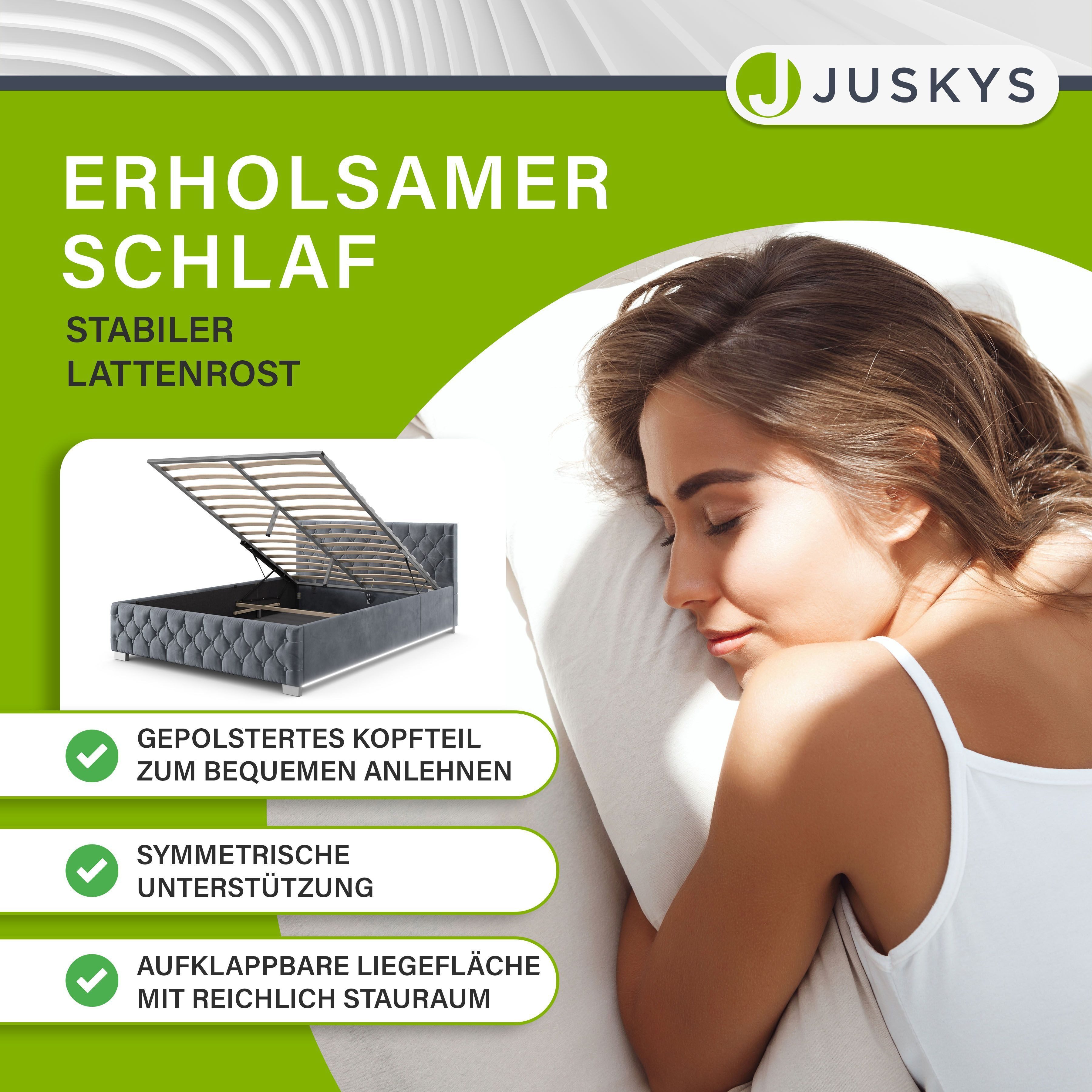 Juskys Polsterbett Nizza, 180x200 cm, LED Licht, Stauraum, Samtbezug, inkl. Matratze