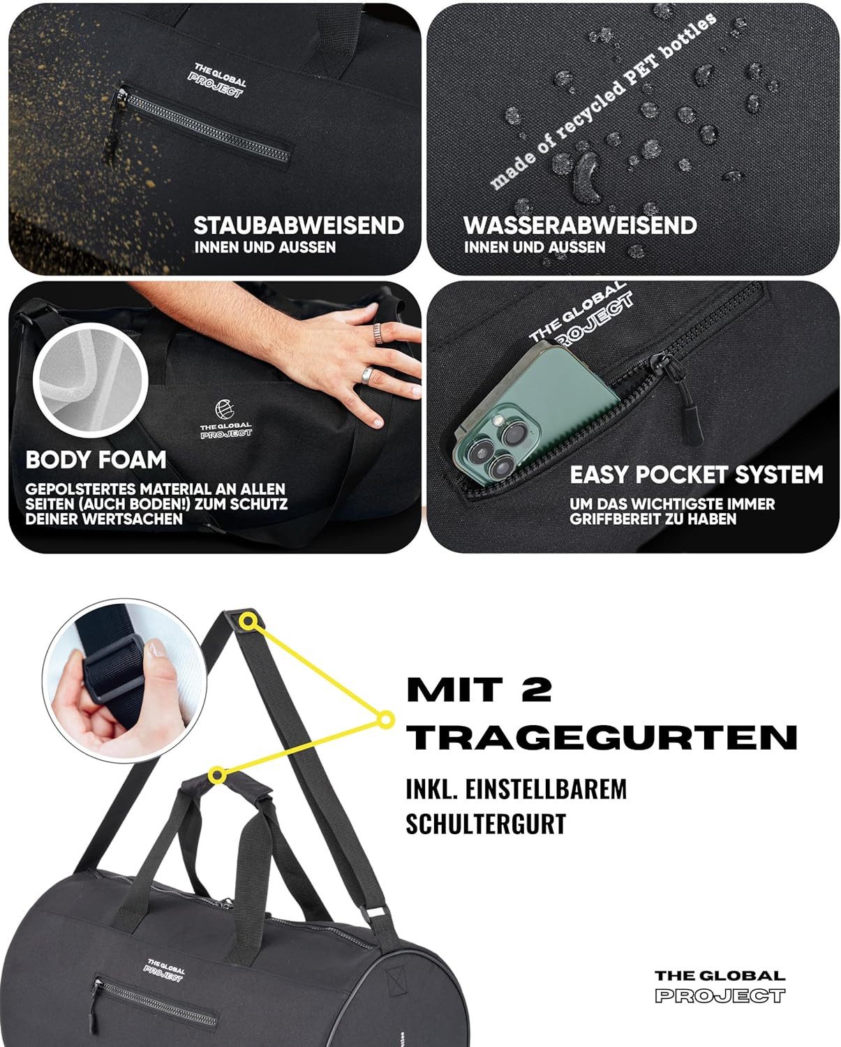 The Global Project Sporttasche Allzwecktasche Sporttasche mit 25 L Volumen, wasserabweisend, faltbar