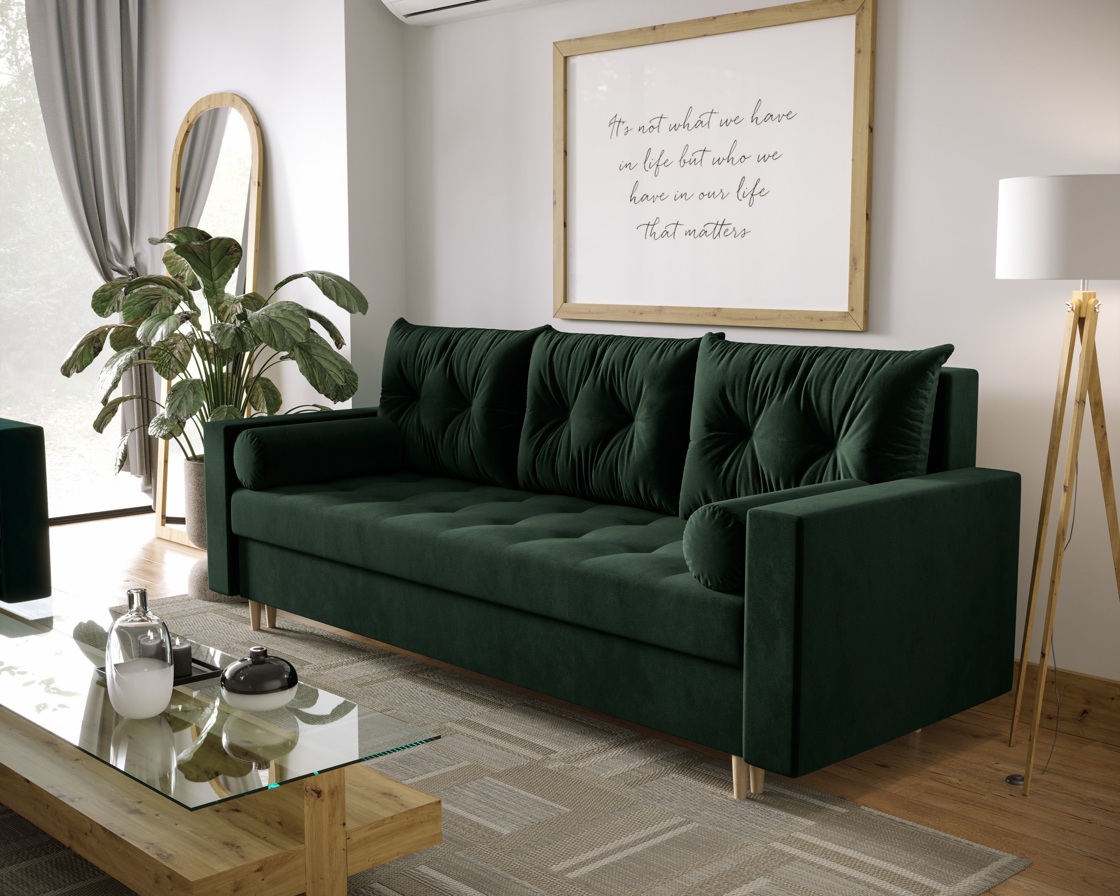 pressiode Sofa Schlafsofa, COUCH mit Schlaffunktion und Bettkasten 232cm SKANDI Dunkelgrün