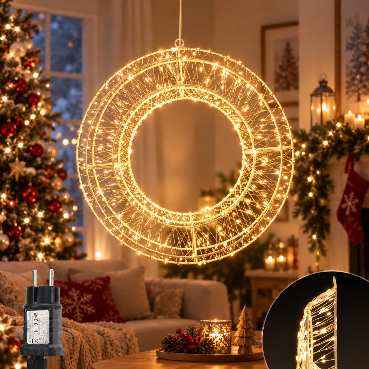 Salcar LED-Lichterkette Lichtkranz LED 3D-Dekokranz Weihnachtskranz Hängekranz Innen & Außen
