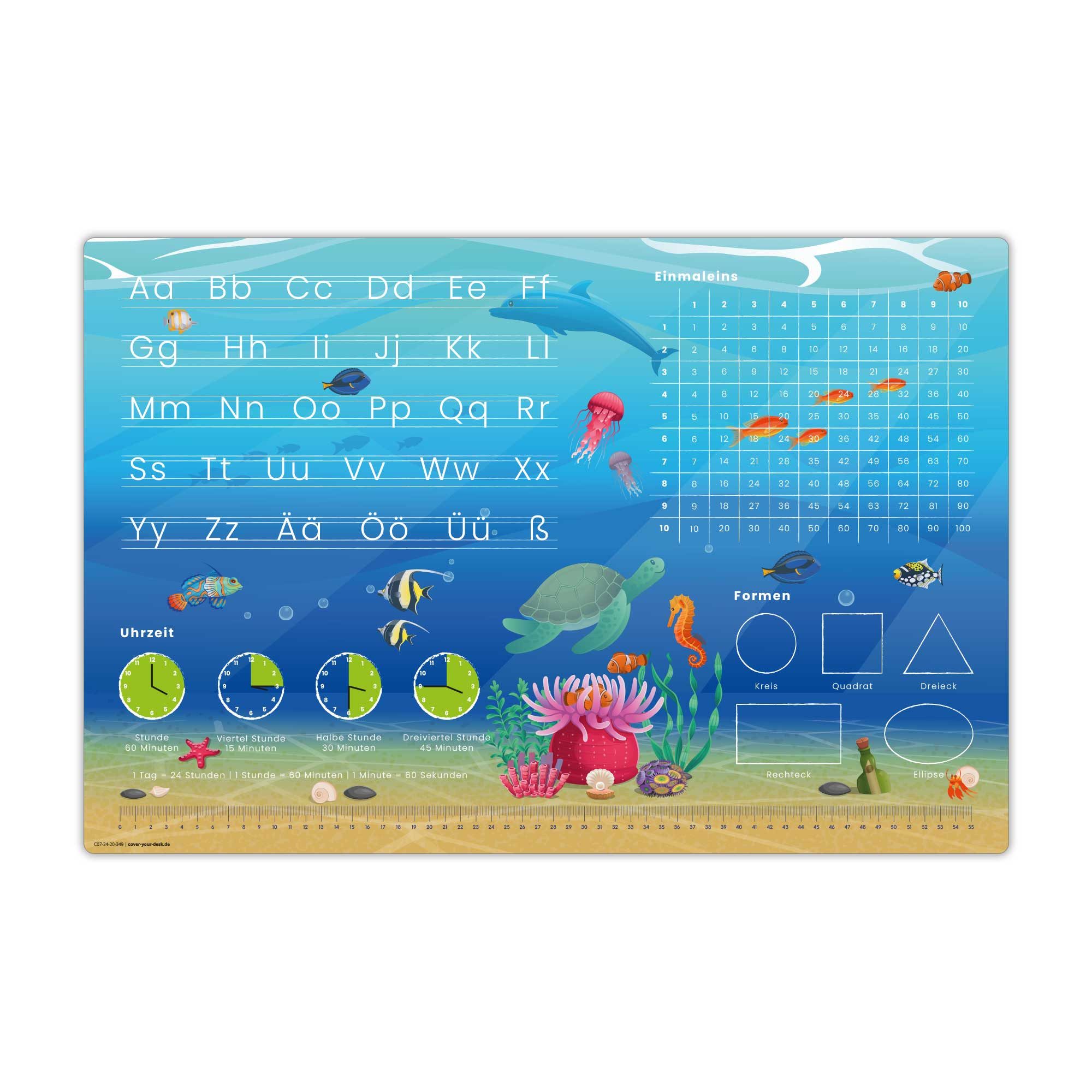 cover-your-desk.de Schreibtischunterlage Lernunterlage Unterwasserwelt - abc & 1x1 für Kinder, Made in Germany, (1 tlg)
