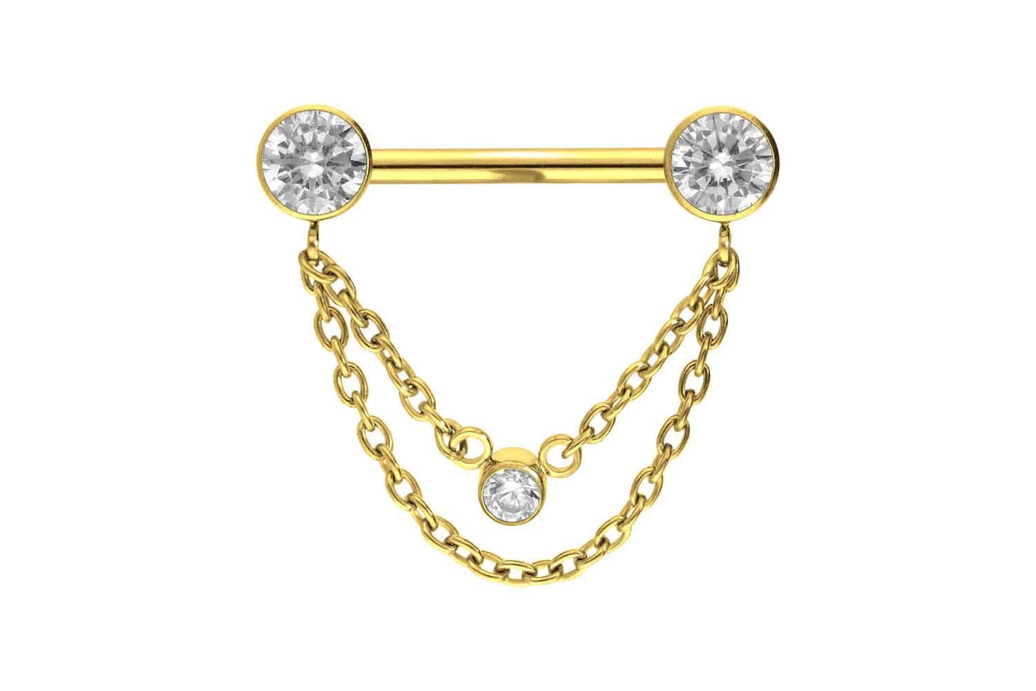 PIERCINGLINE Brustwarzenpiercing Titan Barbell mit Push Fit 2 KETTEN + KRISTALLDISCS (Barbells, 1-tlg)