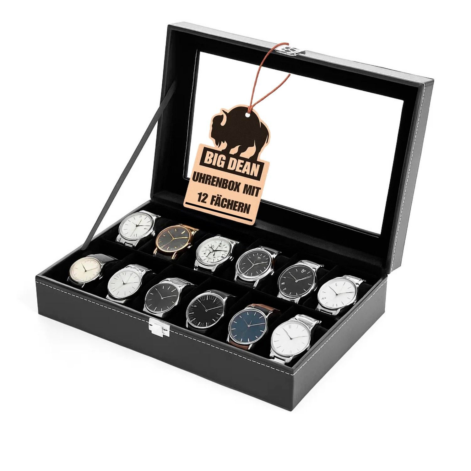 BigDean Uhrenbox für 12 Uhren Glasdeckel - schicke Uhrenbox Herren Watch Box (Packung, 1 St., Uhrenbox), Edle Optik, Kunstleder, Sammler, Samtfutter
