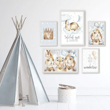 homestyle-accessoires Poster Bilderset SCHLAF GUT & TRÄUME SÜß - HASE BUNNY Kinderbilder Nursery, (5 St), Ohne Bilderrahmen