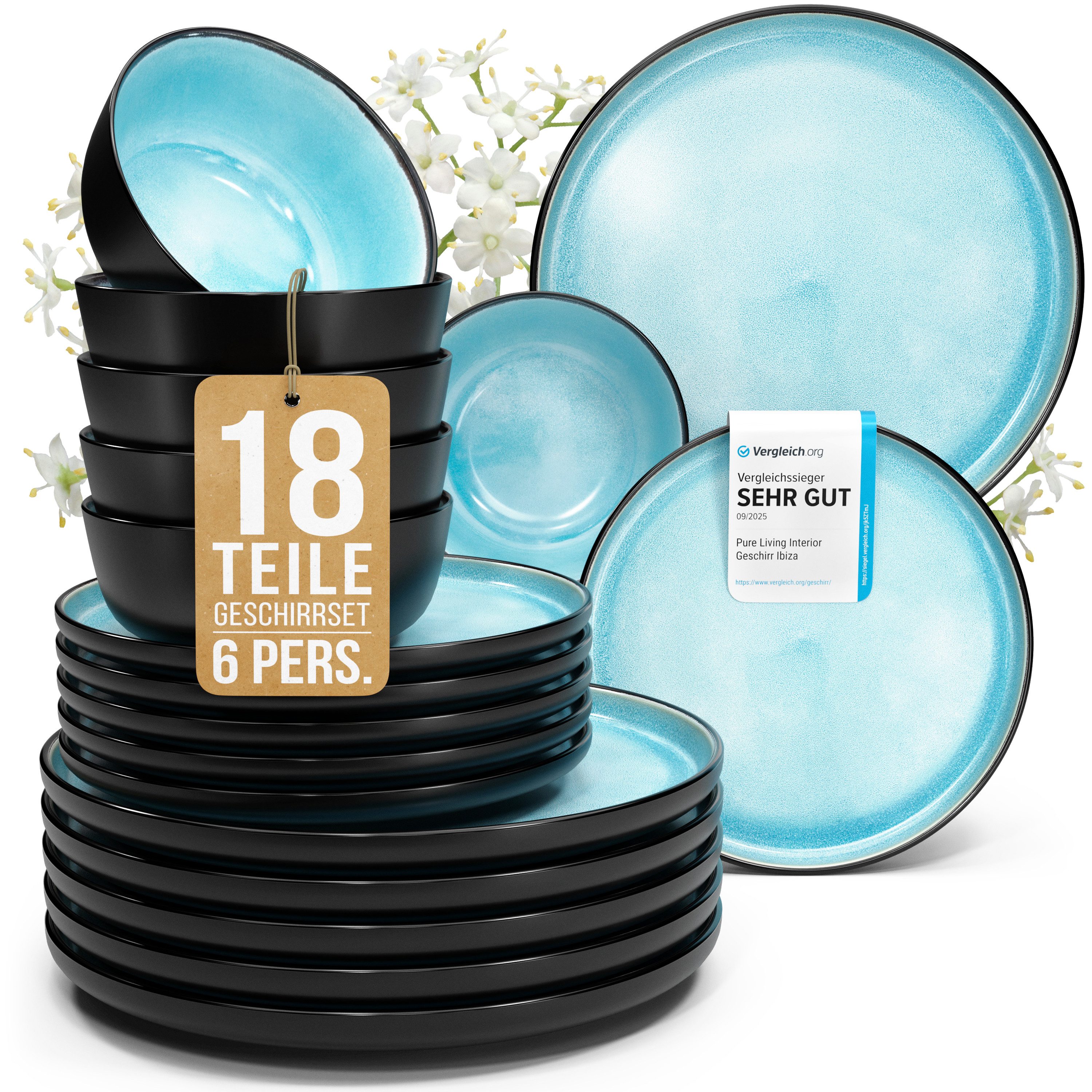 PURE LIVING INTERIOR DESIGN Geschirr-Set Ibiza aus Steingut, 18-tlg., für 6 Pers