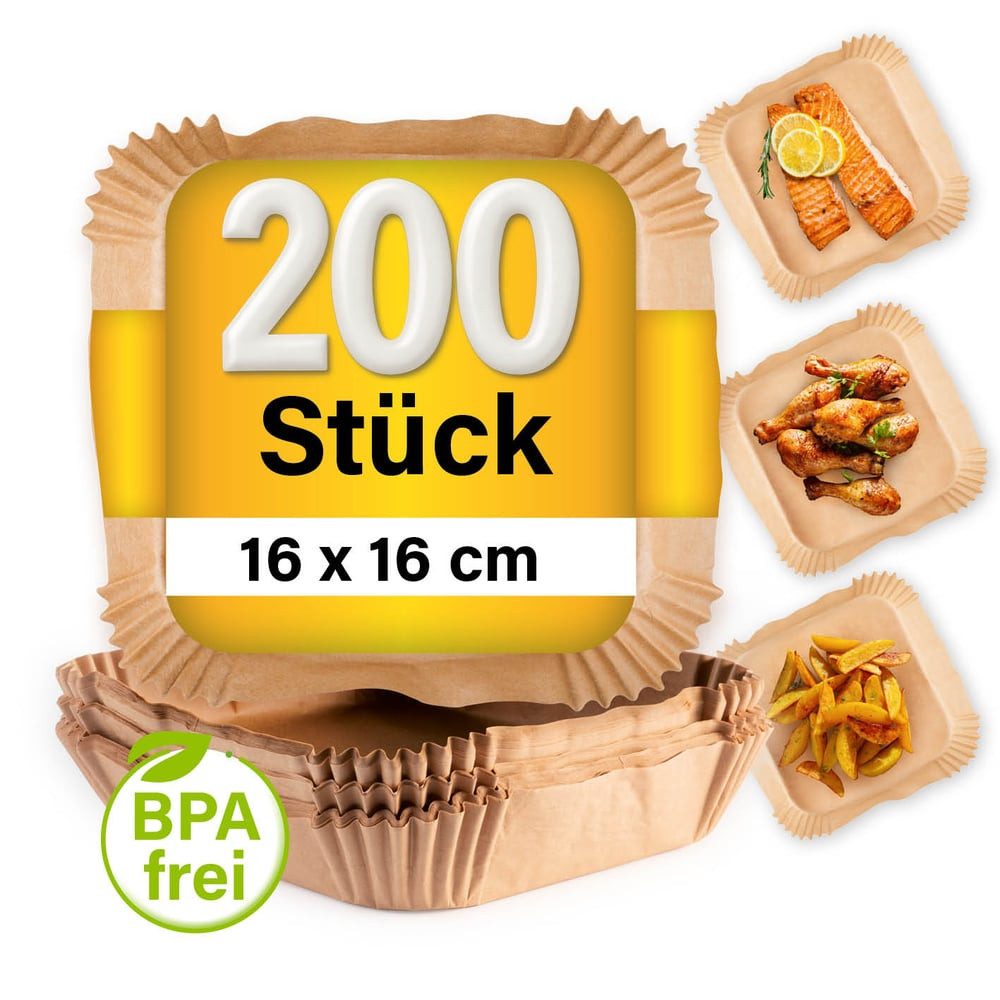 GOURMETmaxx Backpapier für Airfryer 2 bis 5 Liter - 200 Stück – 16 x 16 x 4,5cm, Airfryer Heißluftfritteuse Einwegschalen Baking Paper