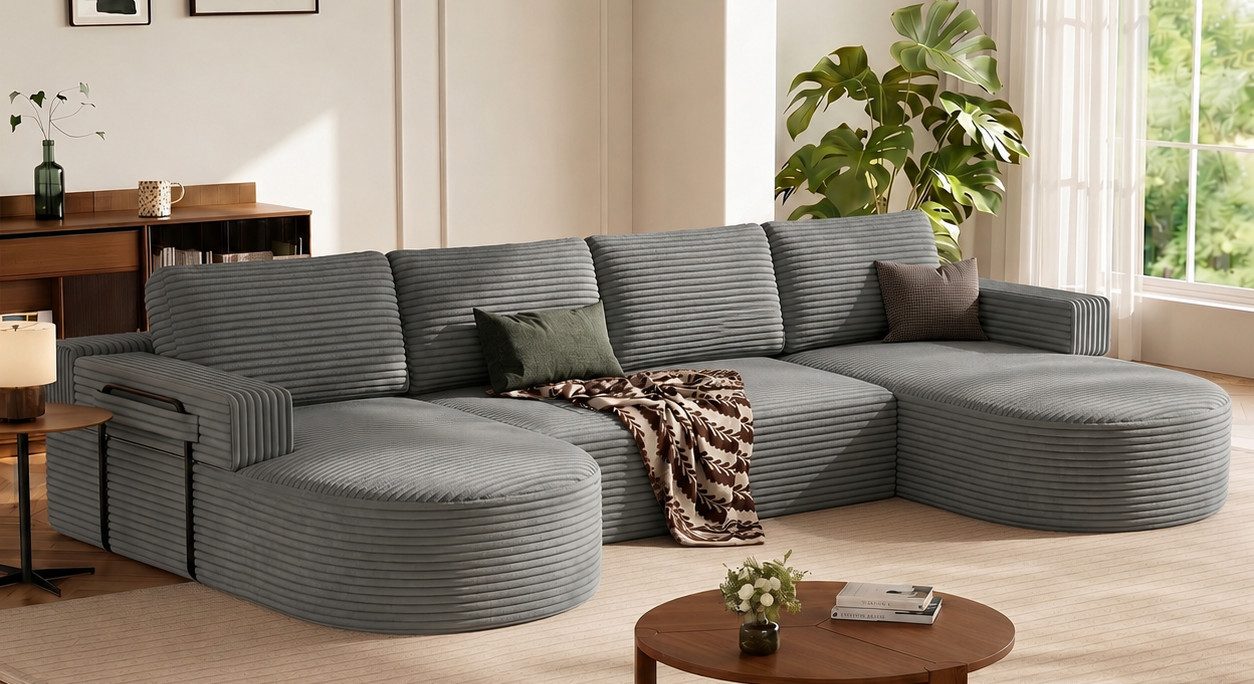 Patbrela Ecksofa Cord Schlafsofa L Form 265cm mit Abgerundeter Chaise Longue, U Form 313cm