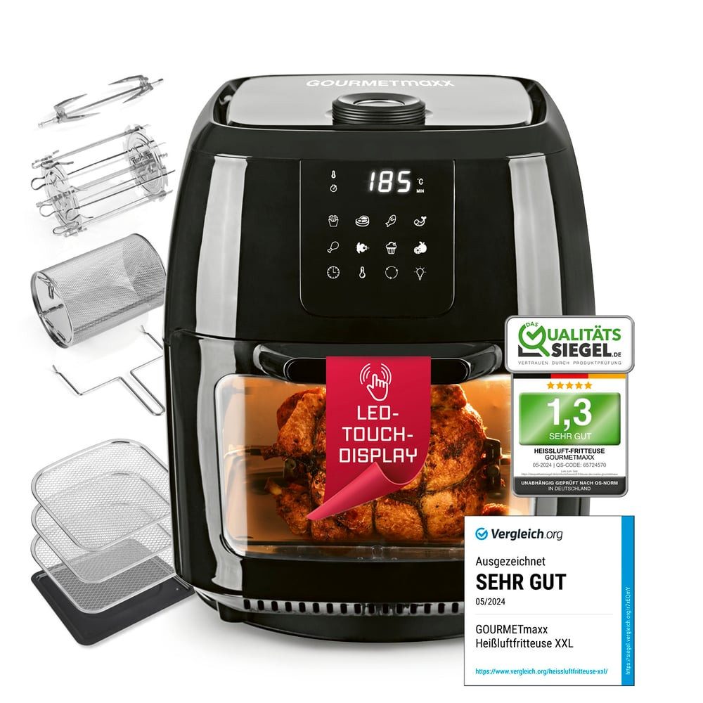 GOURMETmaxx Heißluftfritteuse 9 l Ofen - XXL-Zubehörset mit Drehspieß, 1800 W, fettarm frittieren knusprige Pommes, Hähnchen auftauen backen wärmen
