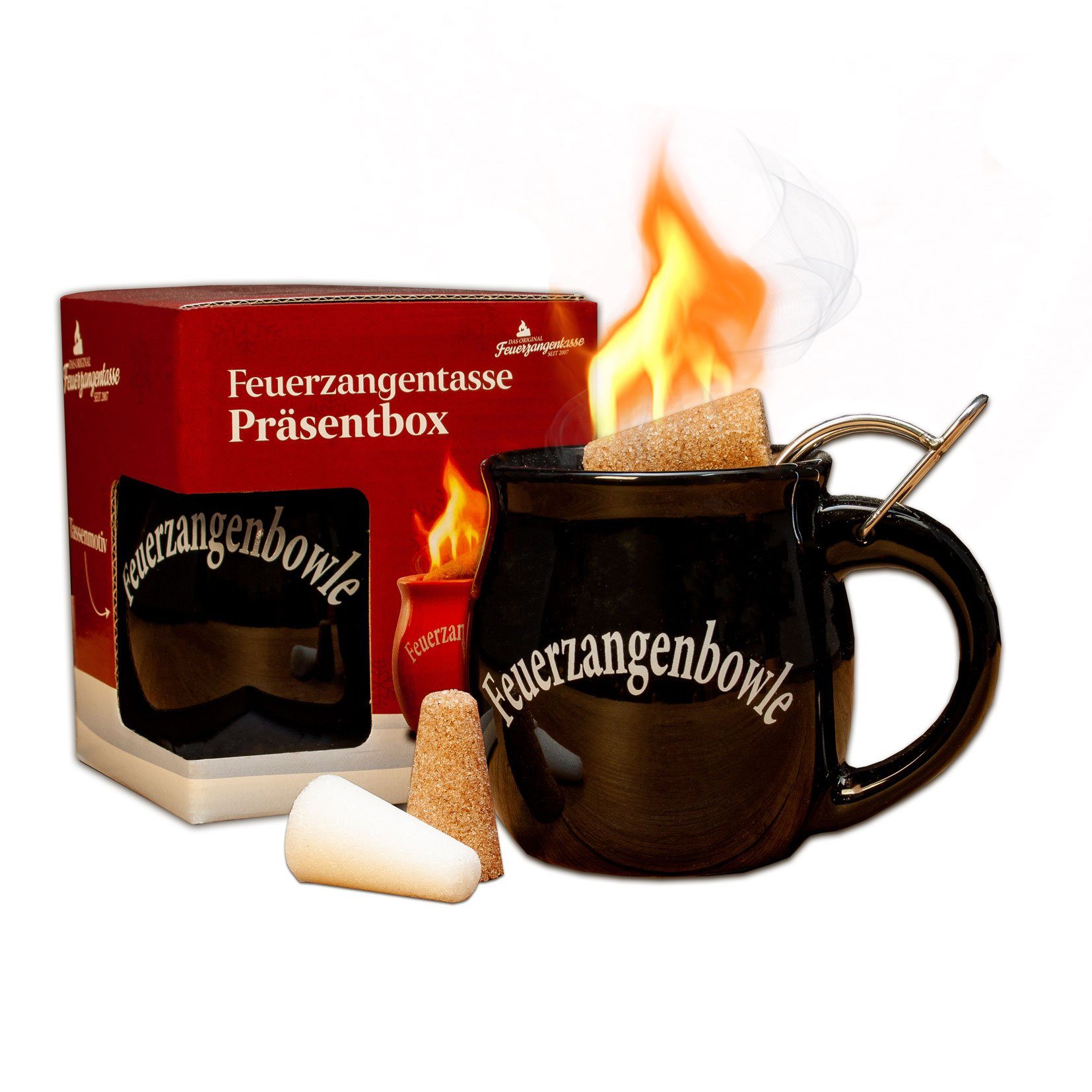 Feuerzangentasse Bowle-Set Feuerzangentasse 1er-Set (Feuerzangenbowle Set, 5-tlg., 1x Feuerzangentasse, 3x Zimtzuckerhütchen, 1x Rezeptheftchen), hitzebeständige Keramik, Edelstahl-Feuerzange