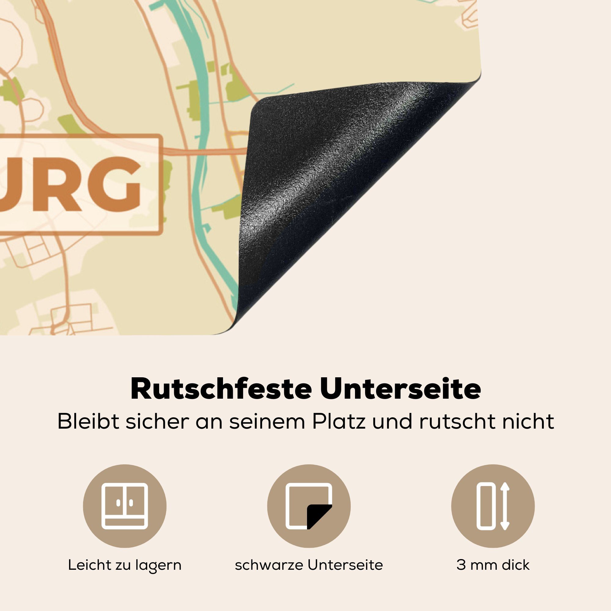 MuchoWow Herdblende-/Abdeckplatte Stadtplan küche Würzburg 78x78 - Arbeitsplatte - cm, Vintage, Vinyl, (1 tlg), Ceranfeldabdeckung, Stadtplan - für