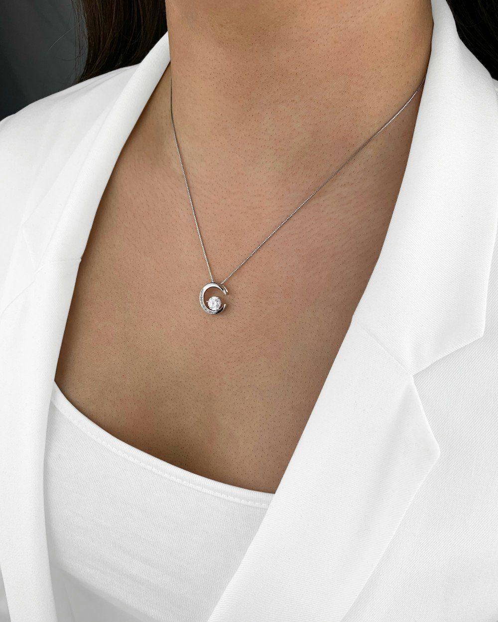 DANIEL CLIFFORD Kette mit Anhänger 'Phoebe' Damen Halskette Silber 925 Mond-Anhänger Kristall weiss (inkl. Verpackung), 45cm Collier Silberkette mit Mond-Anhänger Kristall