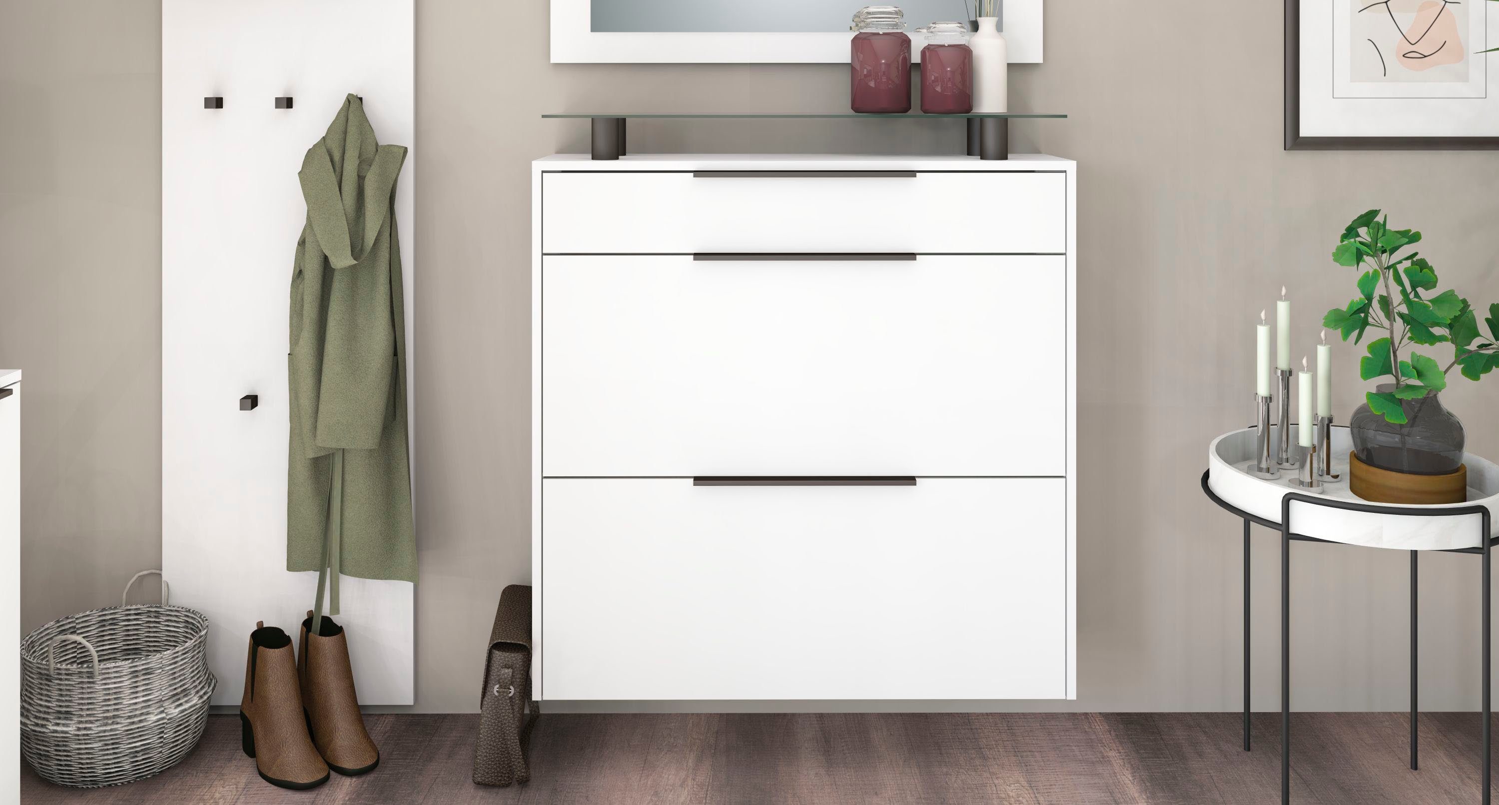 borchardt Möbel Schuhschrank Tom, Hängeschrank mit Glasablage und Metallgriffen Mit 2 Klappen, dahinter 4 Fächer, und 1 Schubkasten