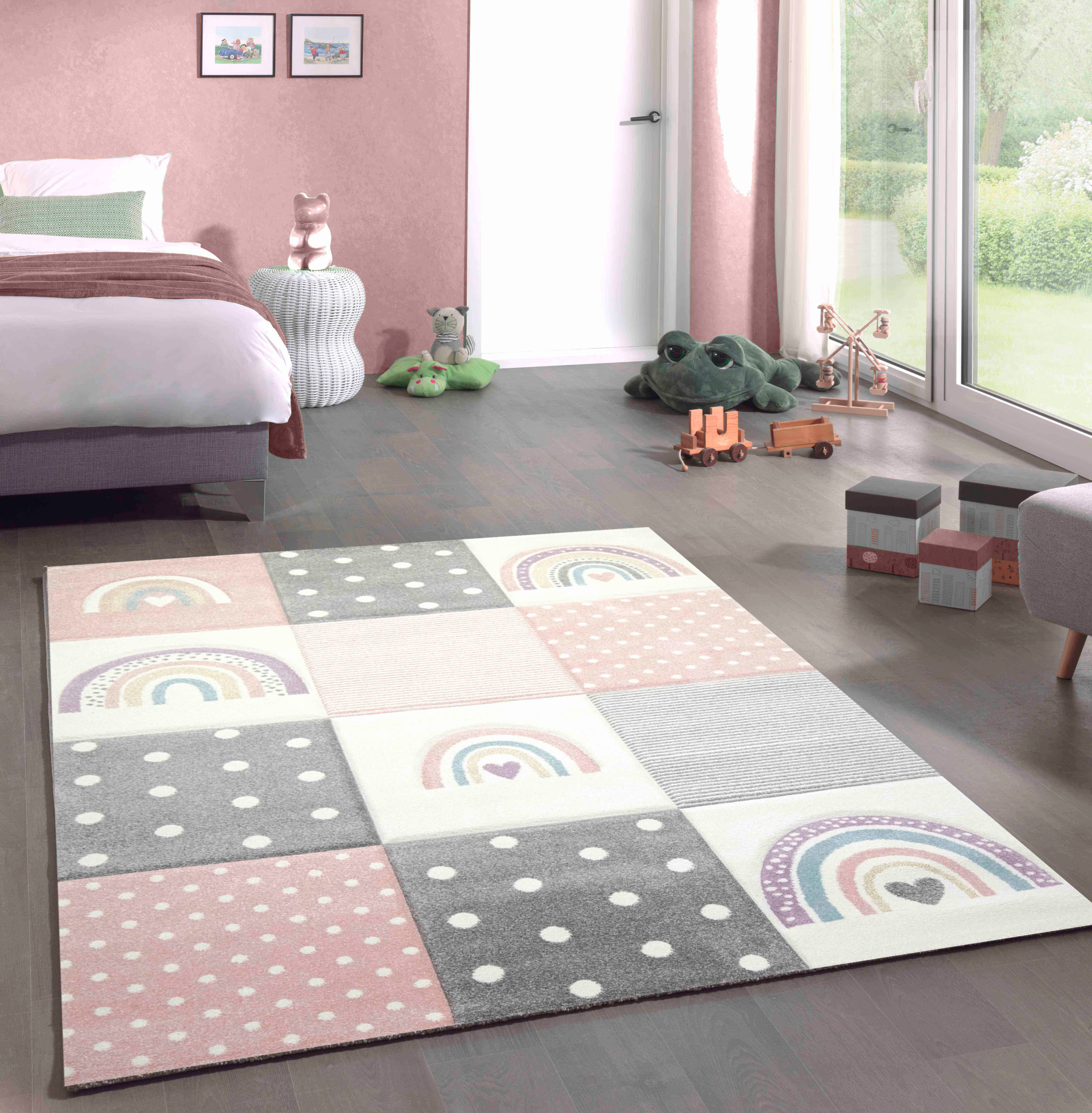 Carpetia Kinderteppich Kinderteppich Kinderzimmer Herzchen Regenbogen günstig online kaufen